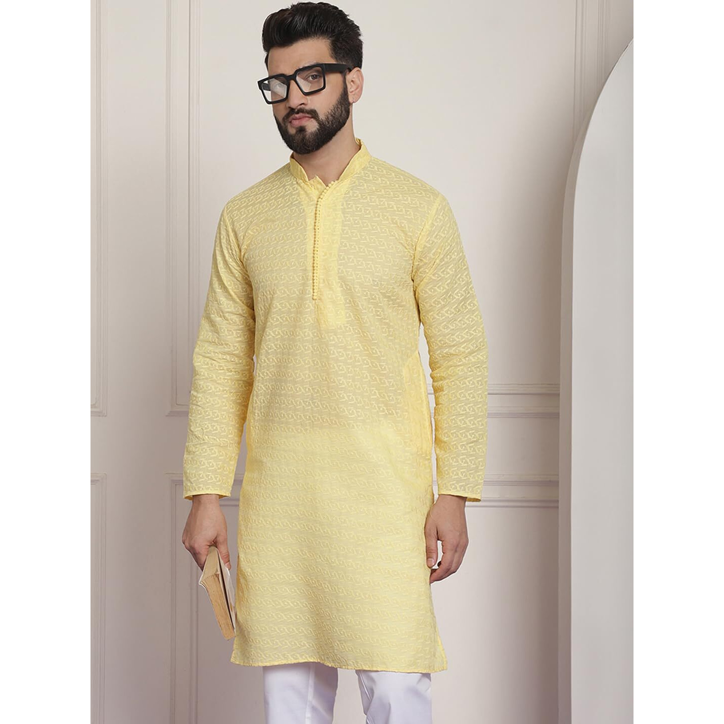 Sojanya (Since 1958 Ethnic Motifs Embroidered Thread Work Pure Cotton Yellow Straight Only Kurta
