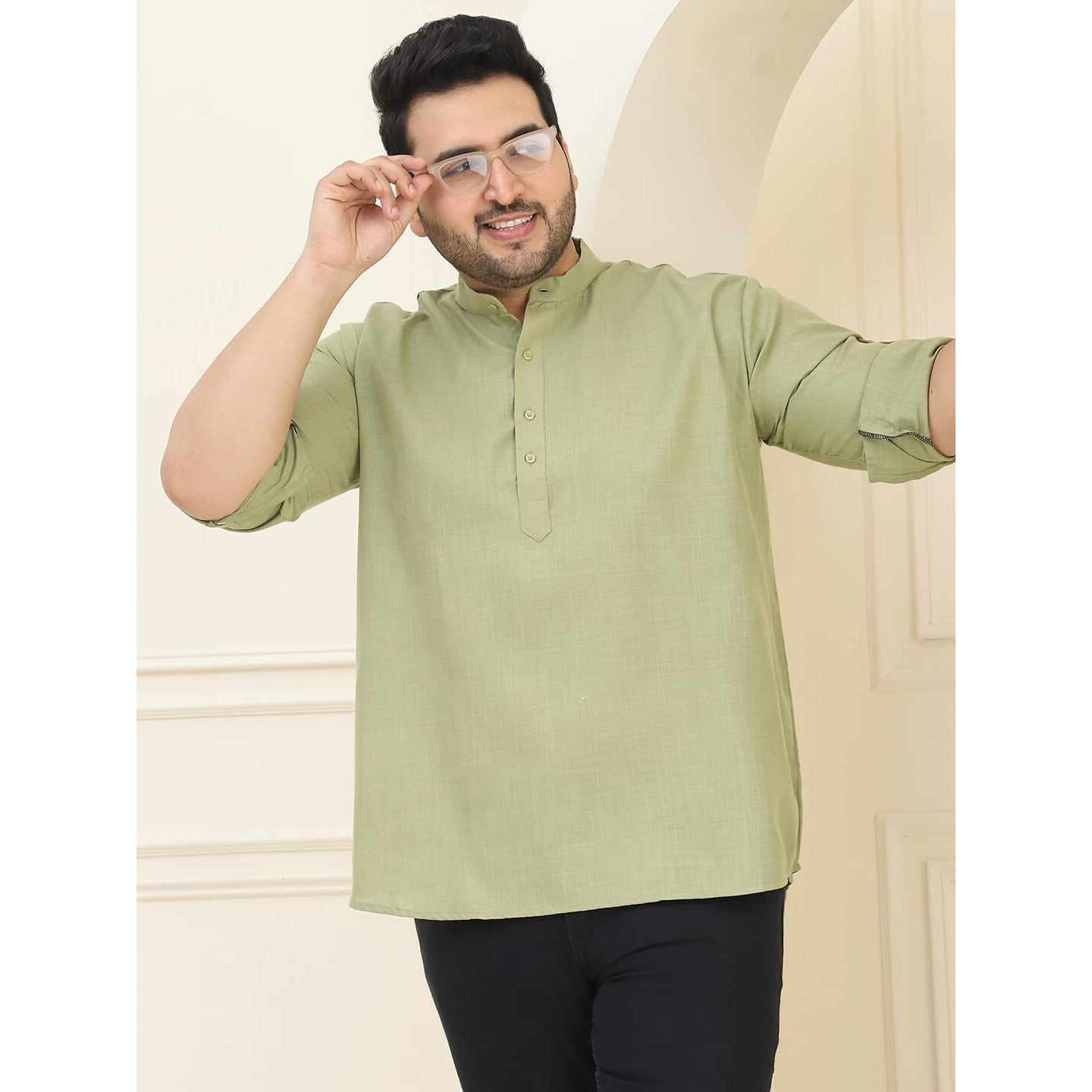 Sojanya Plus(Since 1958), Men's Cotton Pista Green Short Kurta
