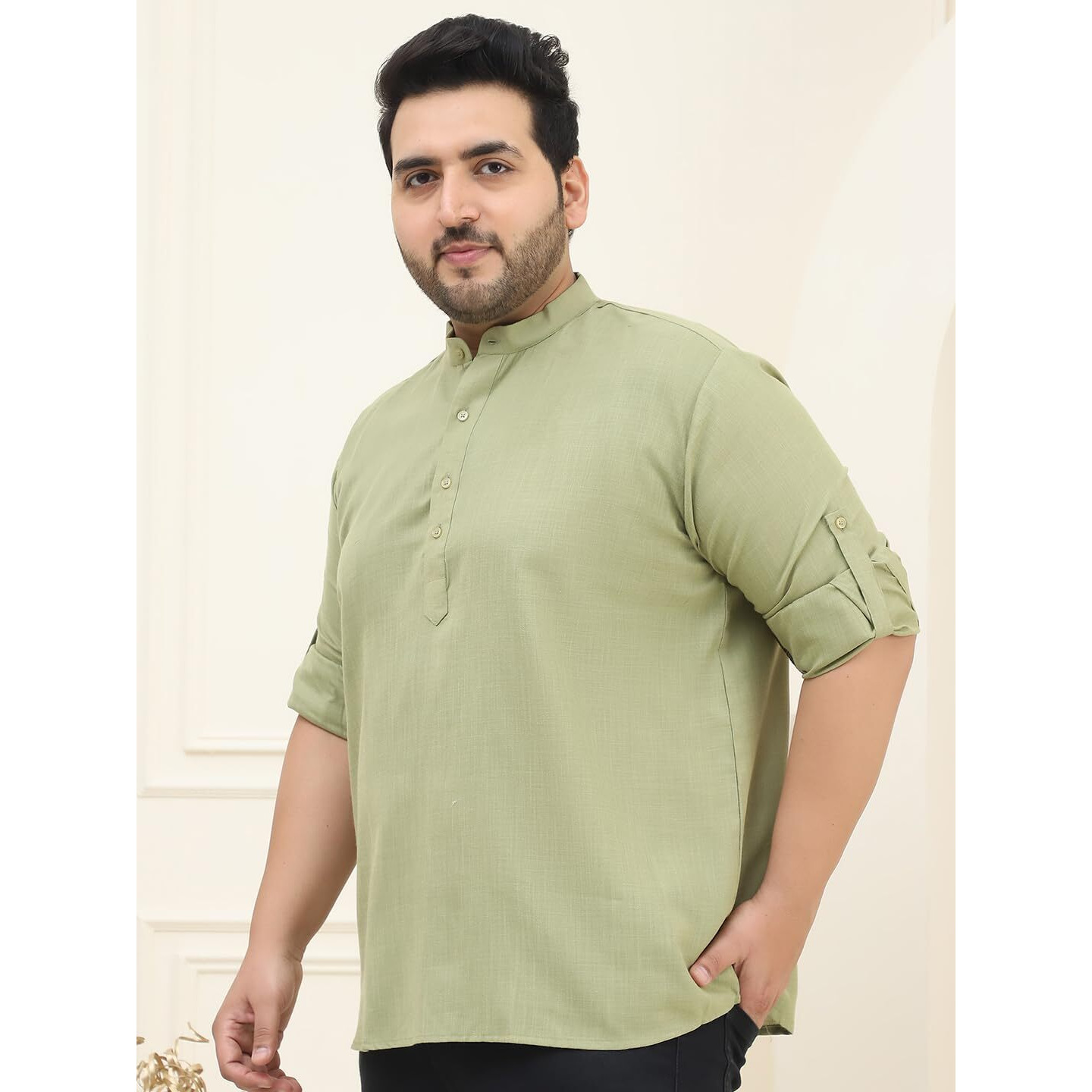 Sojanya Plus(Since 1958), Men's Cotton Pista Green Short Kurta