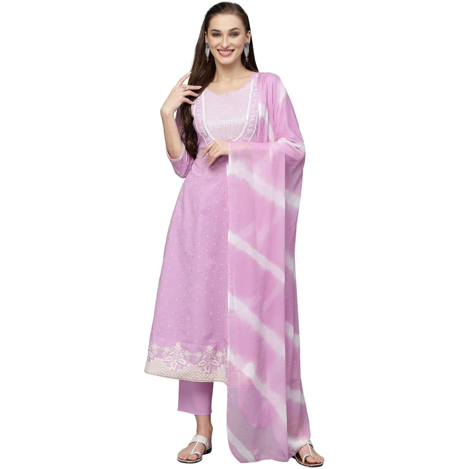 Stylum Women's Printed & Embroidered Cotton Anarkali Kurta Pant Dupatta Set (Kpdlavenderstar44_Purple, Xxl)