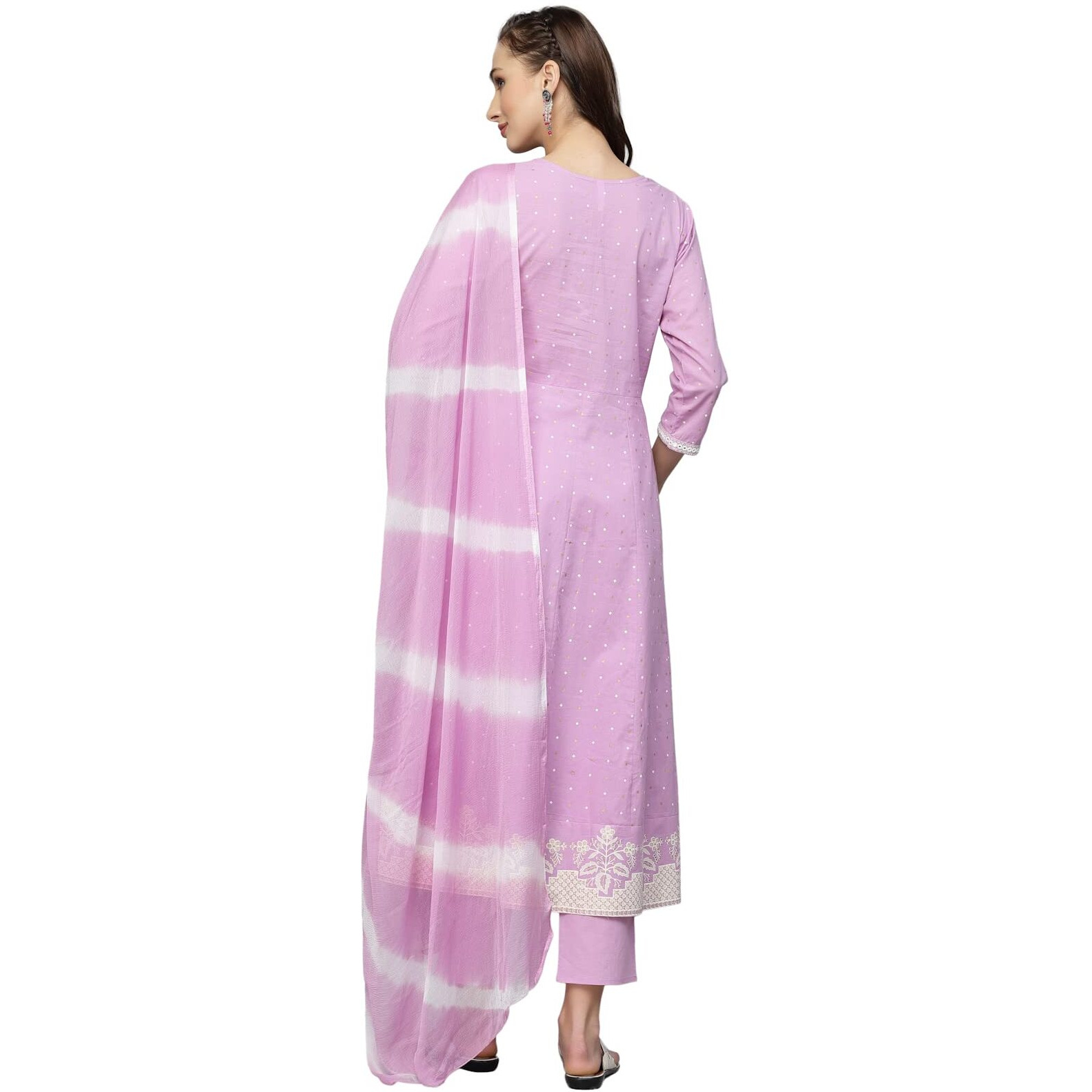 Stylum Women's Printed & Embroidered Cotton Anarkali Kurta Pant Dupatta Set (Kpdlavenderstar44_Purple, Xxl)