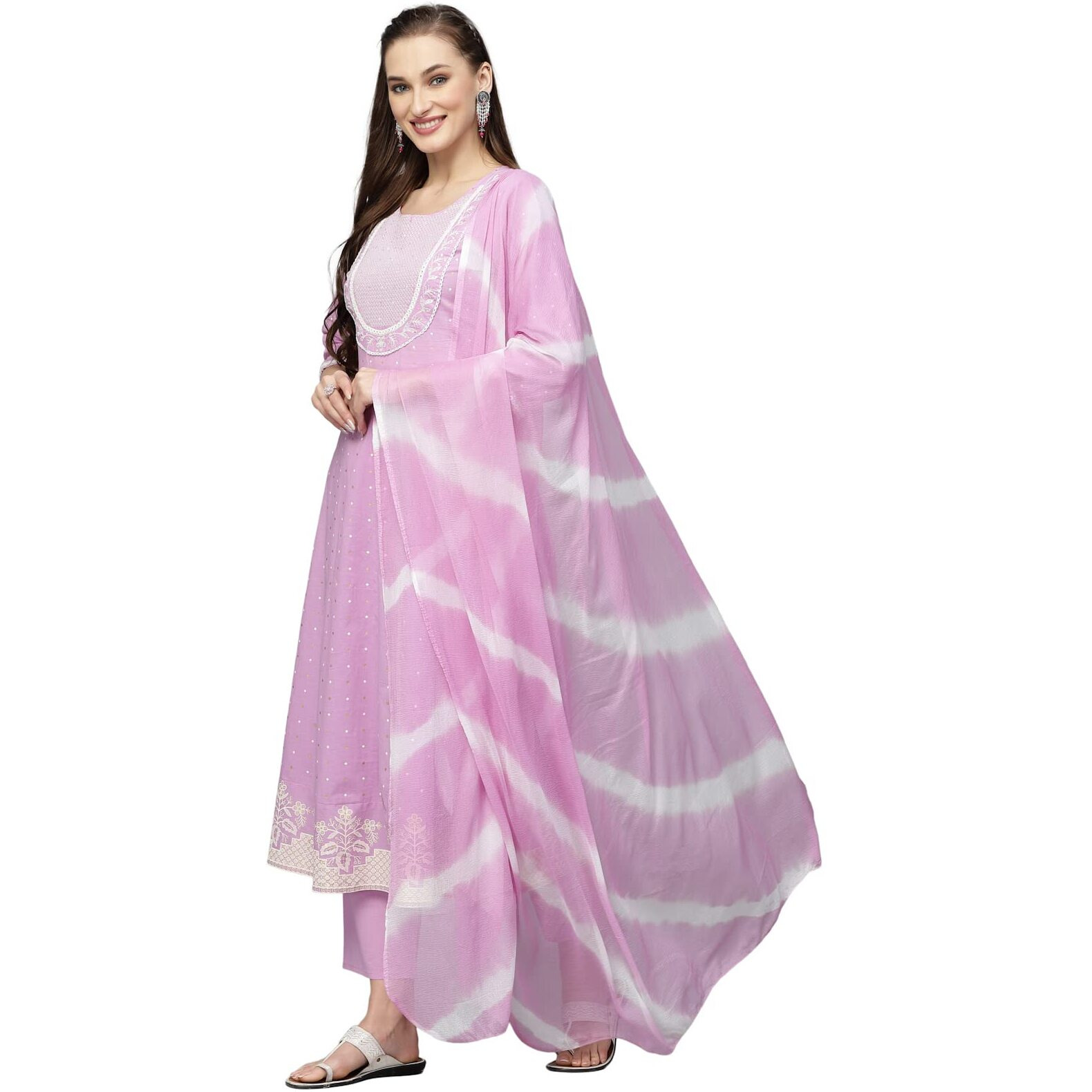 Stylum Women's Printed & Embroidered Cotton Anarkali Kurta Pant Dupatta Set (Kpdlavenderstar44_Purple, Xxl)