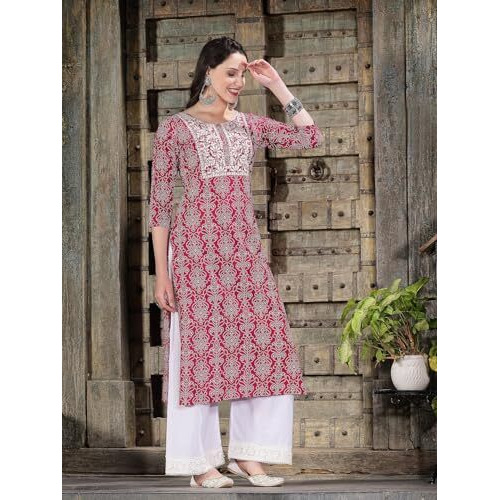 Stylum Women's Bandhej Printed & Embroidered Rayon Straight Kurta (Gempuma36_Magenta, S)