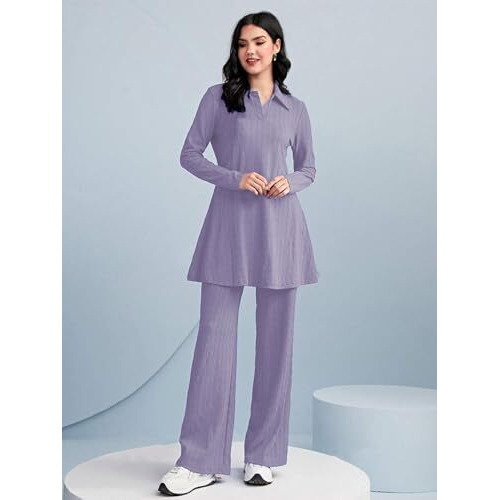 Tadkee Women's Solid Color Two-Piece Set | Long Sleeve Top & Wide Leg Pants Co-Ord Set | Casual Wear Co Ord Set (Fn-Full-Sleeve-Cord-125-Purple-M)