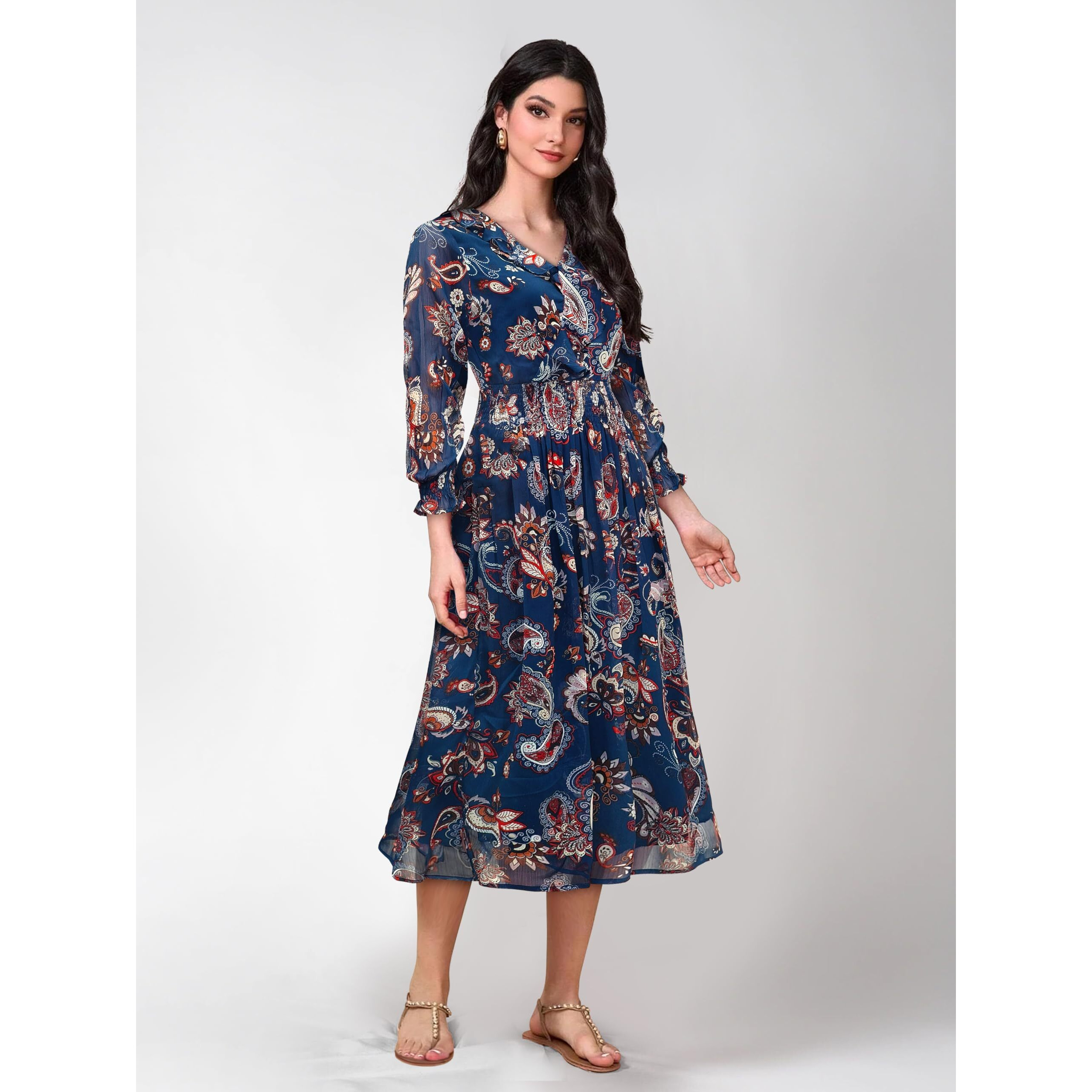 Toochki Navy Blue Georgette Paisley Print Fit & Flared Kurti Kurta Dress For Women A Line Suitable In Summer Latest Trendy Stylish Kurtas