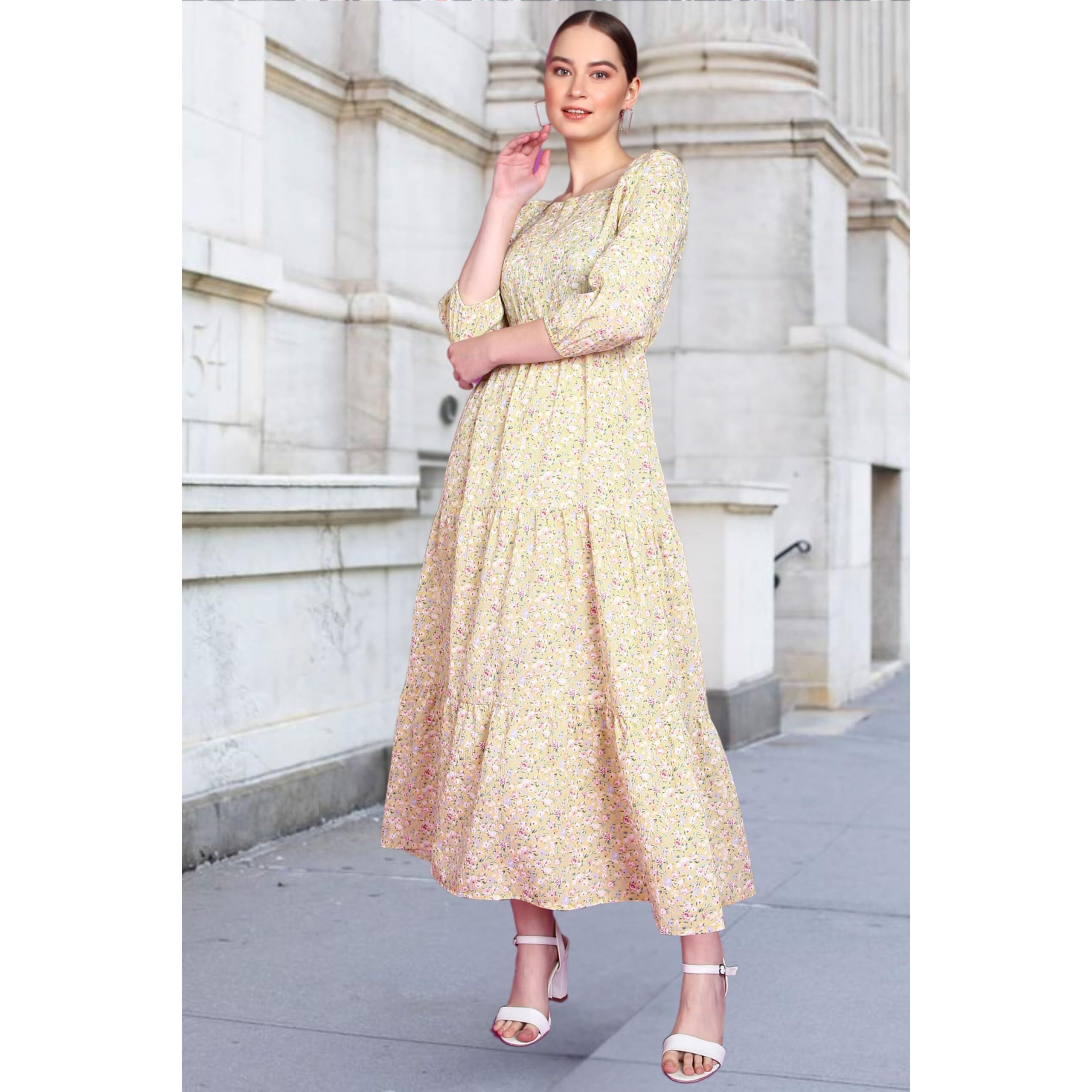 Popwings Women Casual Lemon Floral Long Maxi Dress Dress | Stylish Dress | Trendy Dress