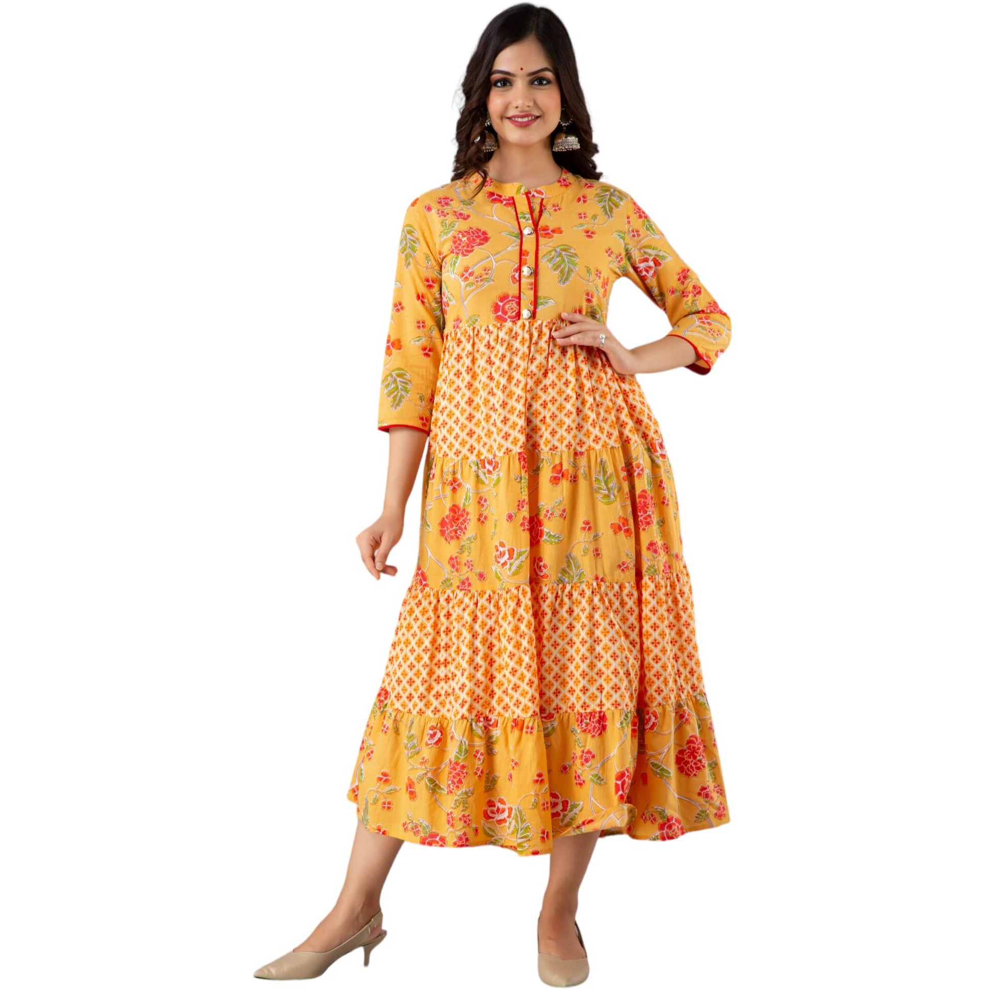 Jikonet Women's Cotton Anarkali Midi Casual Dress (G37Ox_Ti-253-M_Yellow