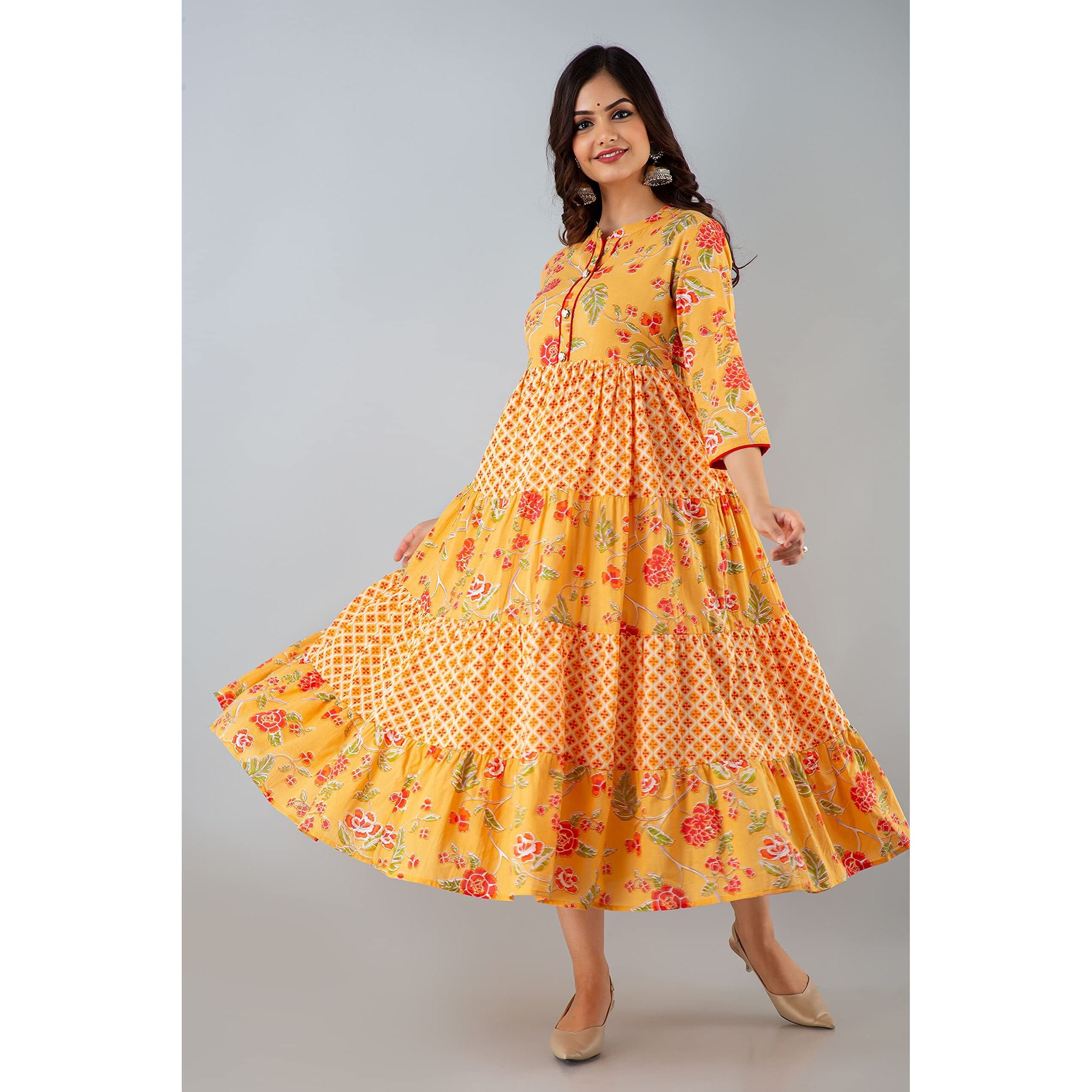 Jikonet Women's Cotton Anarkali Midi Casual Dress (G37Ox_Ti-253-M_Yellow
