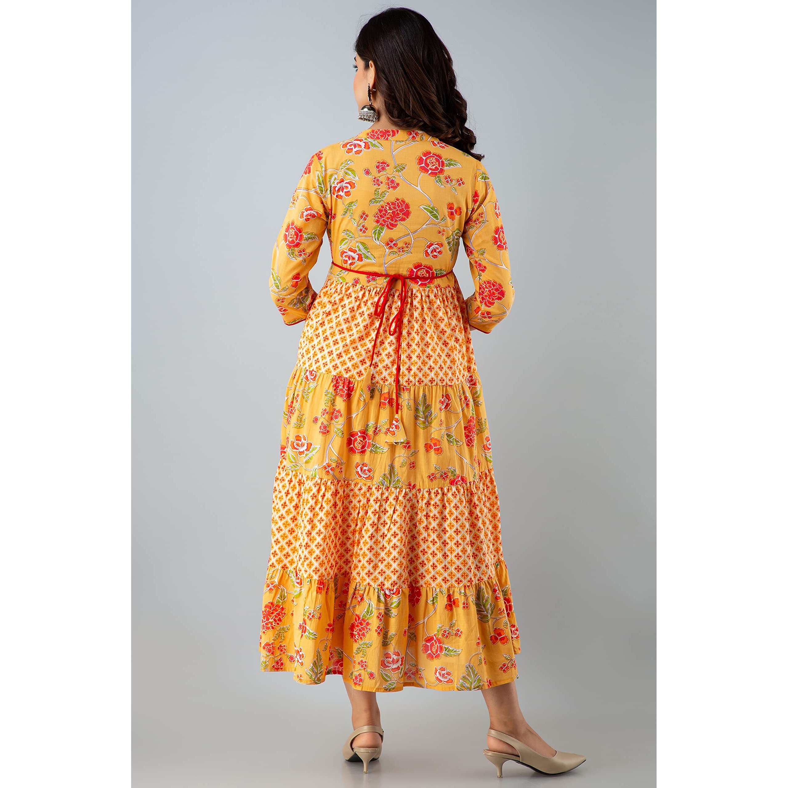 Jikonet Women's Cotton Anarkali Midi Casual Dress (G37Ox_Ti-253-M_Yellow