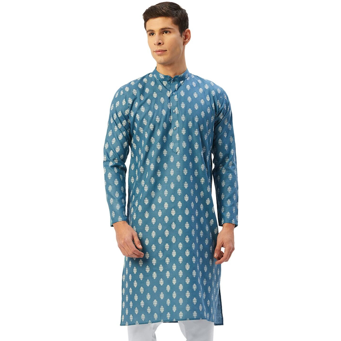 Jompers Men's Cotton Floral Printed Kurta Pyjama Set. (Teal, L)