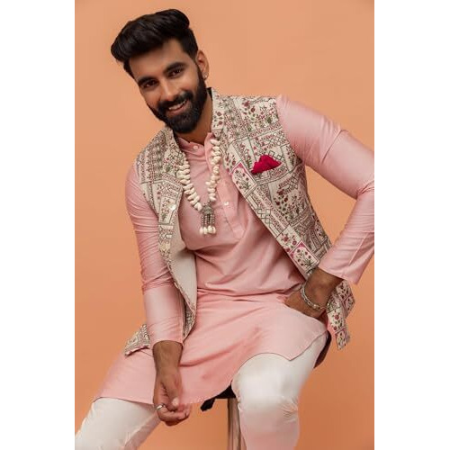 Kisah Men Off White Green Printed Nehru Jacket Ethnic Festive Waistcoat Cotton, Regular Fit