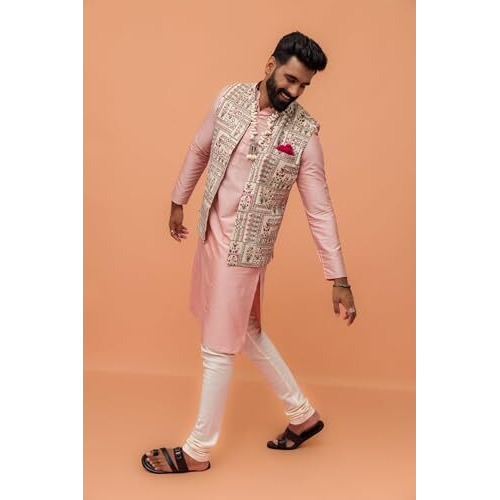 Kisah Men Off White Green Printed Nehru Jacket Ethnic Festive Waistcoat Cotton, Regular Fit