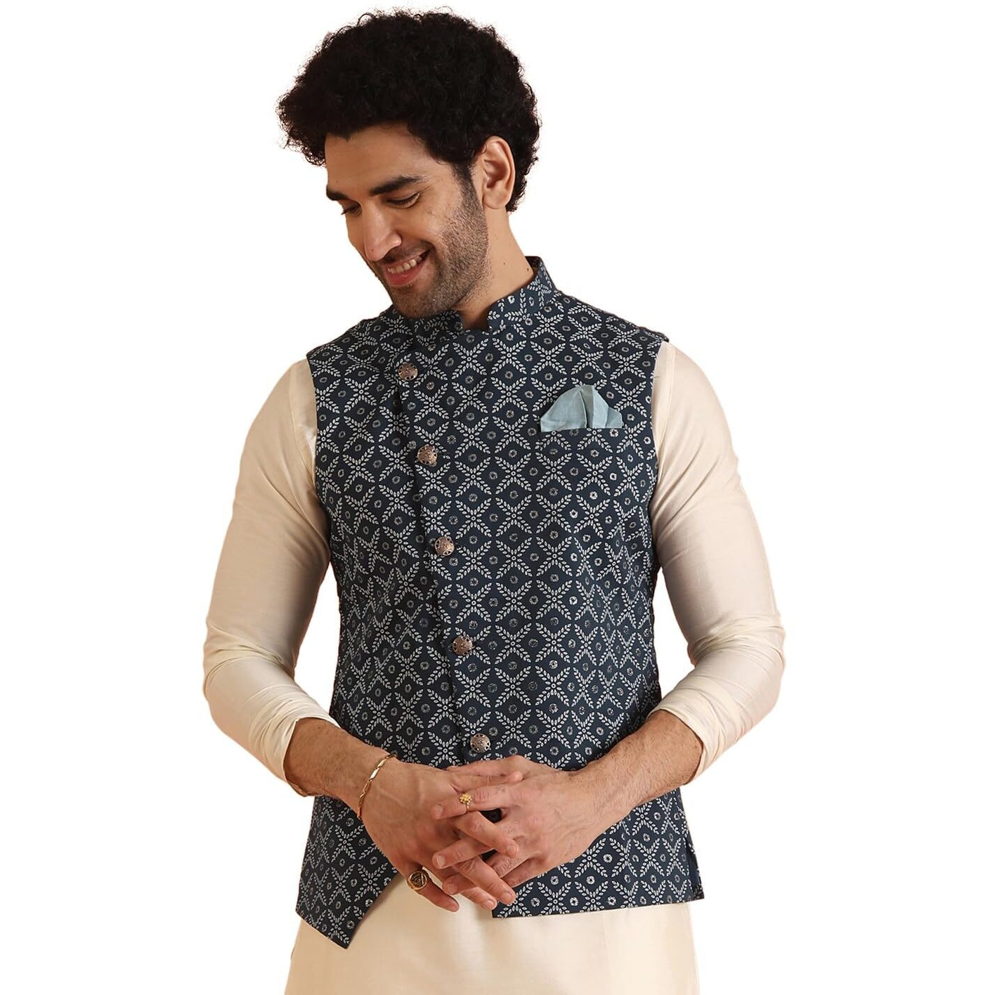 Kisah Men's Printed Regular Fit Sleeveless Cotton Blend Nehru Jacket | Ethnic Jacket-Waistcoat For Men, 50