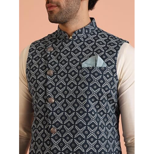 Kisah Men's Printed Regular Fit Sleeveless Cotton Blend Nehru Jacket | Ethnic Jacket-Waistcoat For Men, 50