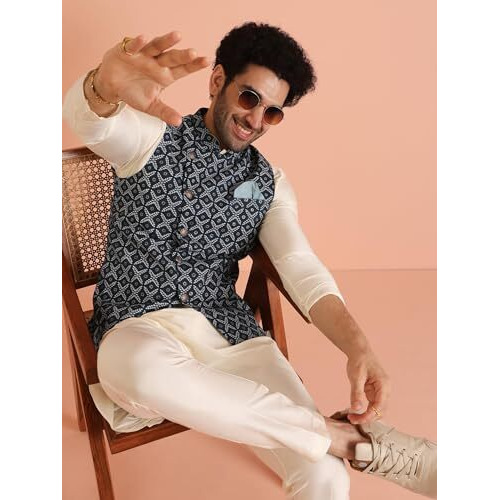 Kisah Men's Printed Regular Fit Sleeveless Cotton Blend Nehru Jacket | Ethnic Jacket-Waistcoat For Men, 50