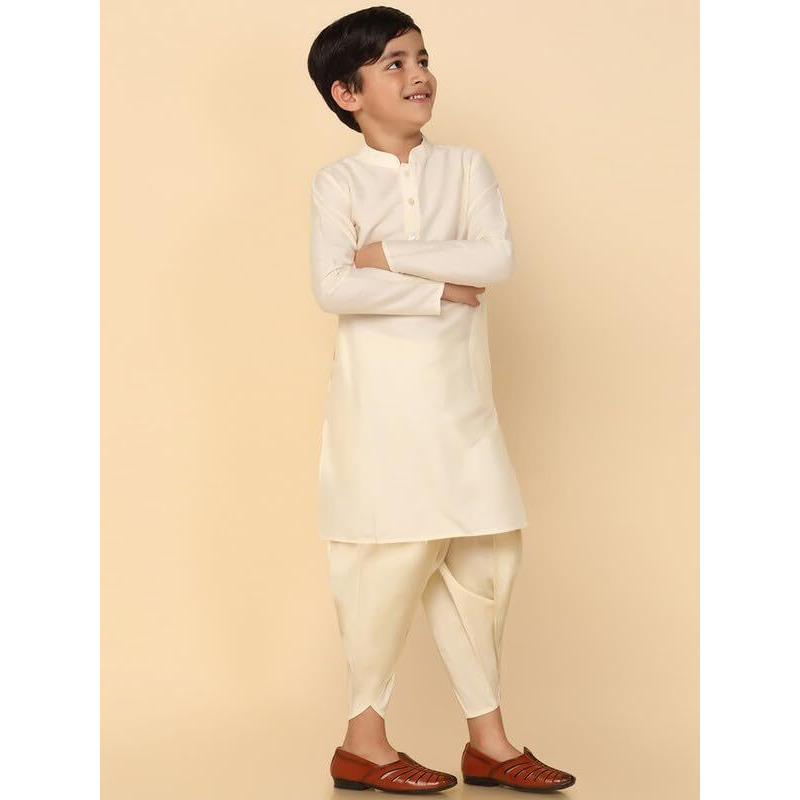 Kisah Boy's Kurta Dhoti Set, Off White Cotton Blend, Solid Long Sleeves Mandarin Collar Regular Fit (5-6 Years)