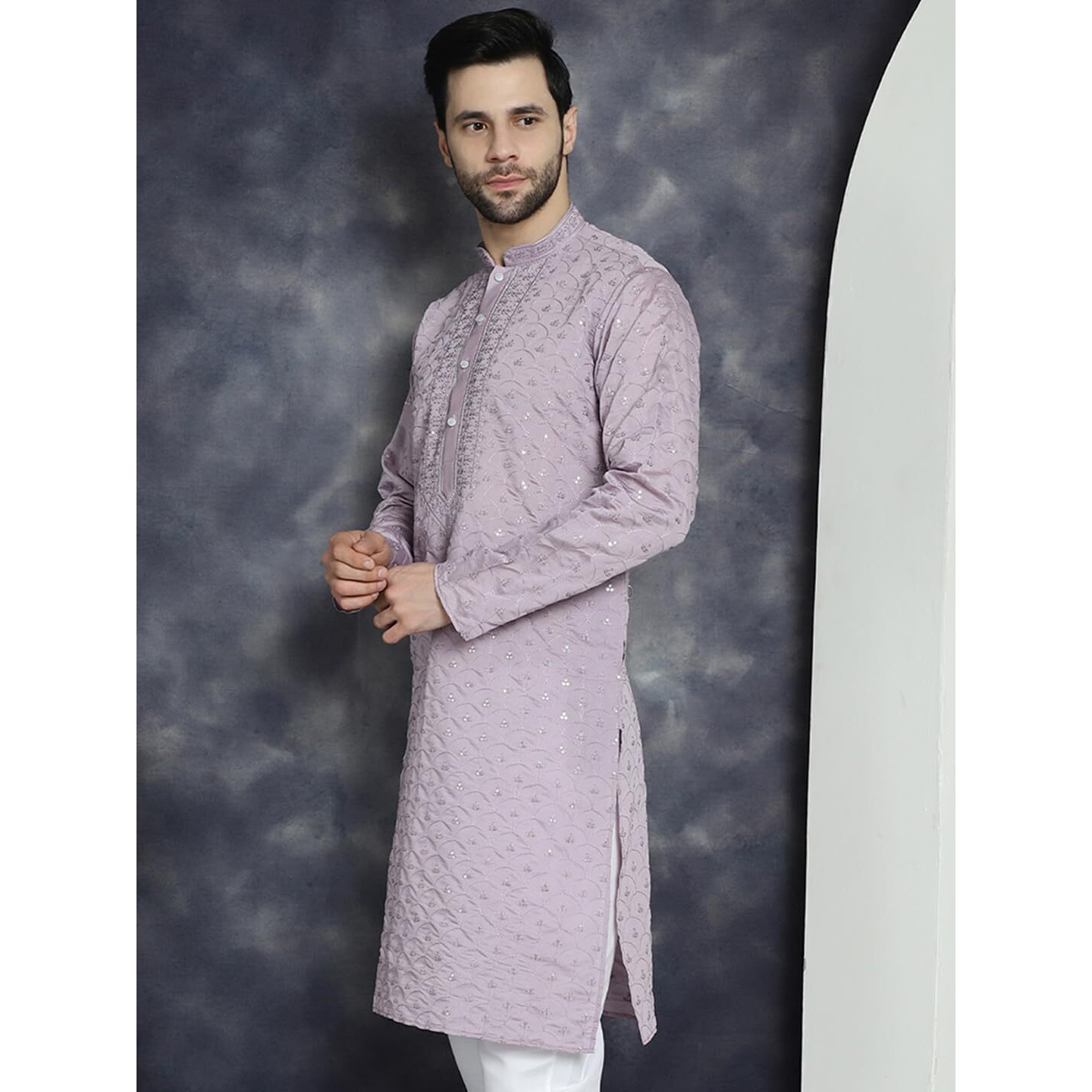 Jompers Men Purple Sequins Embroidered Kurtas (Purple, M)