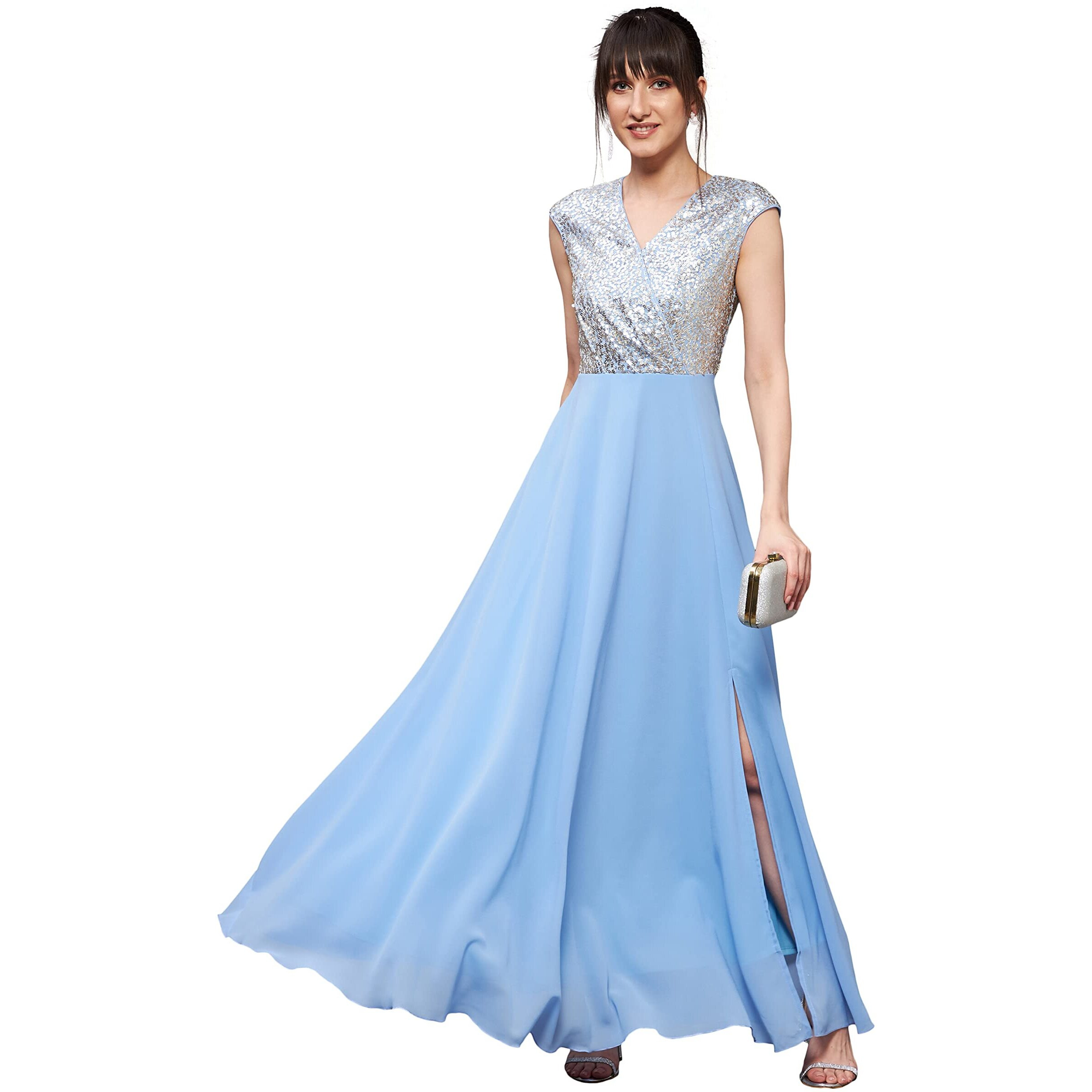 Miss Chase Women's Sky Blue & Golden V-Neck Sleeveless Embellished Wrap Maxi Dress (Mcss20D06-10-273-03, Sky Blue & Golden, S)