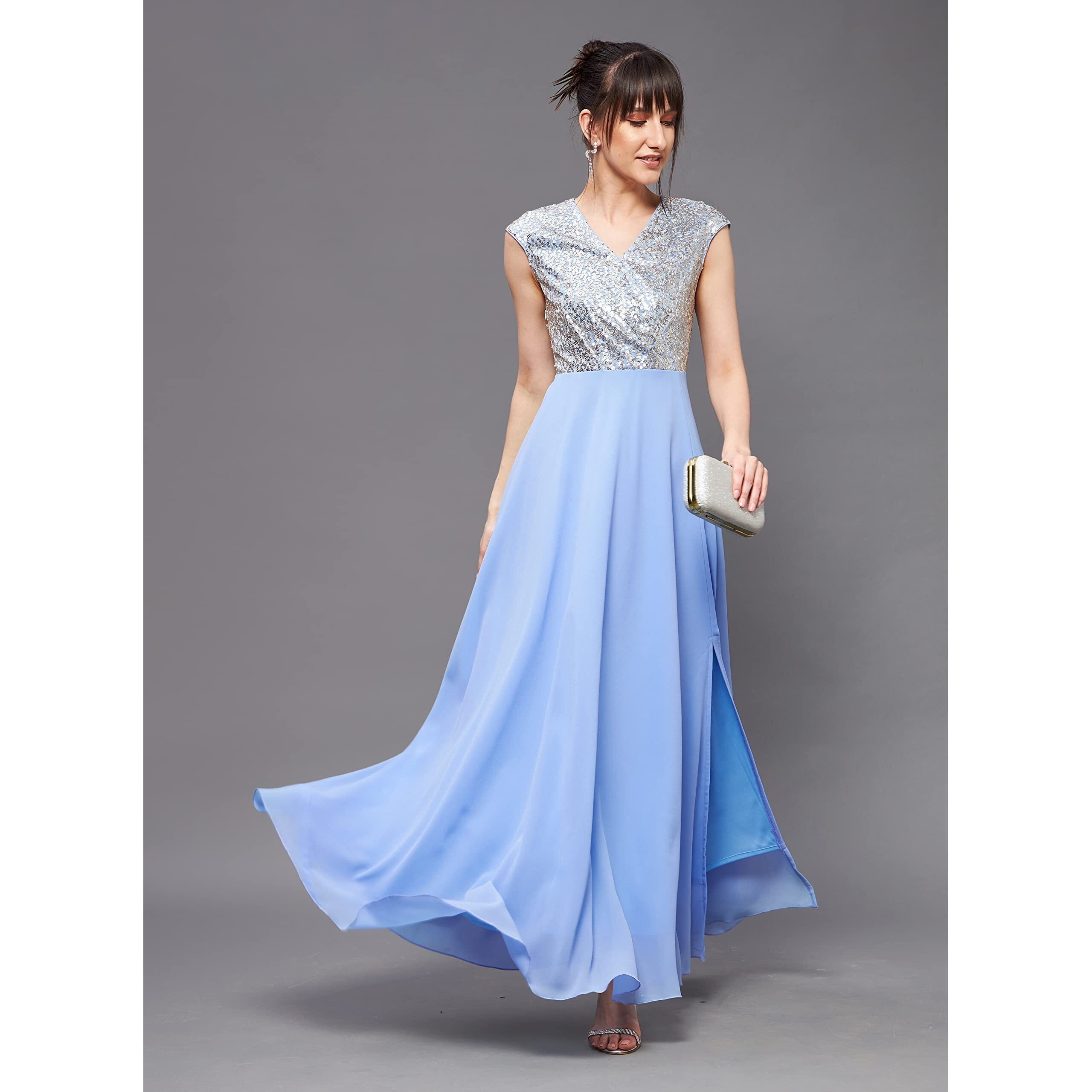 Miss Chase Women's Sky Blue & Golden V-Neck Sleeveless Embellished Wrap Maxi Dress (Mcss20D06-10-273-03, Sky Blue & Golden, S)