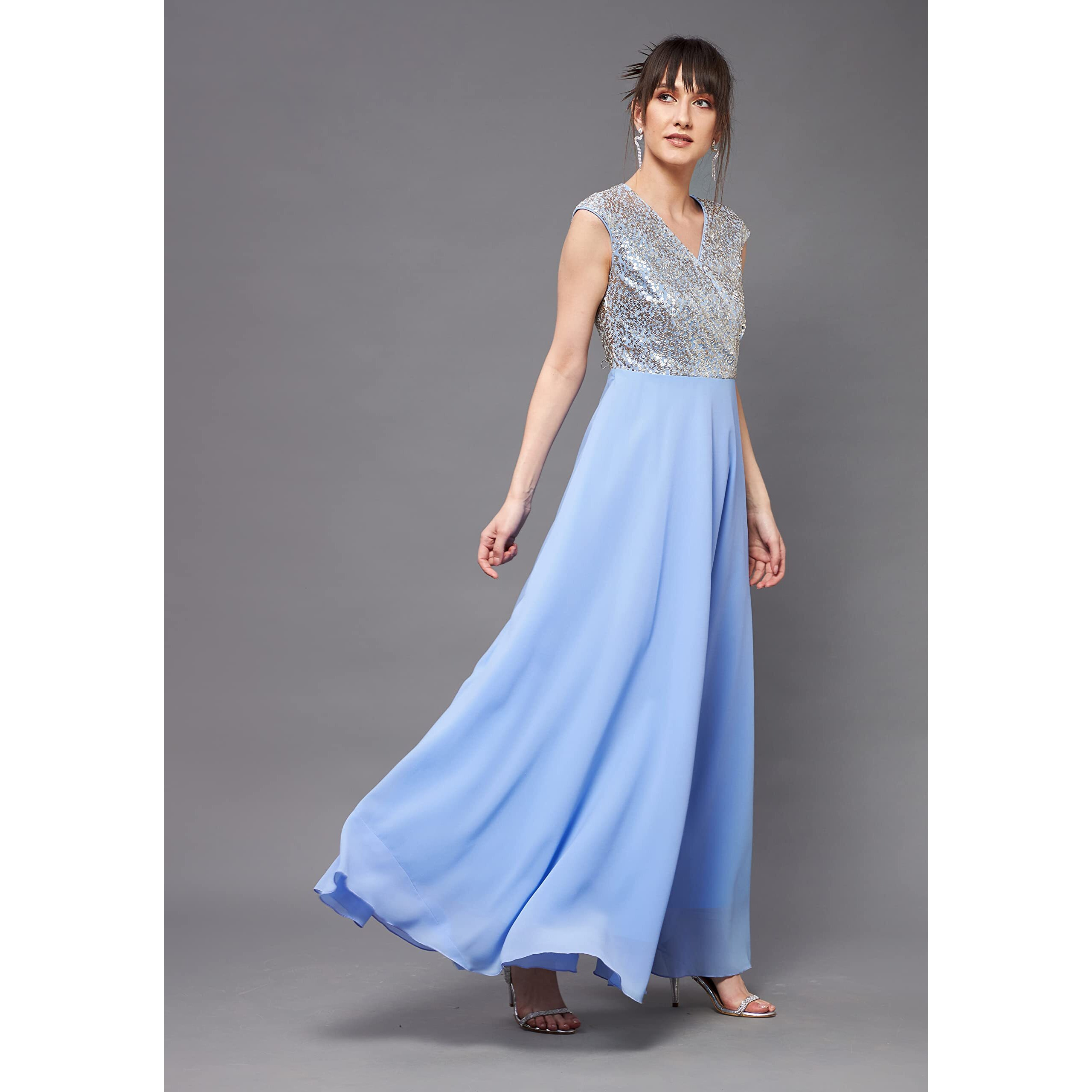 Miss Chase Women's Sky Blue & Golden V-Neck Sleeveless Embellished Wrap Maxi Dress (Mcss20D06-10-273-03, Sky Blue & Golden, S)