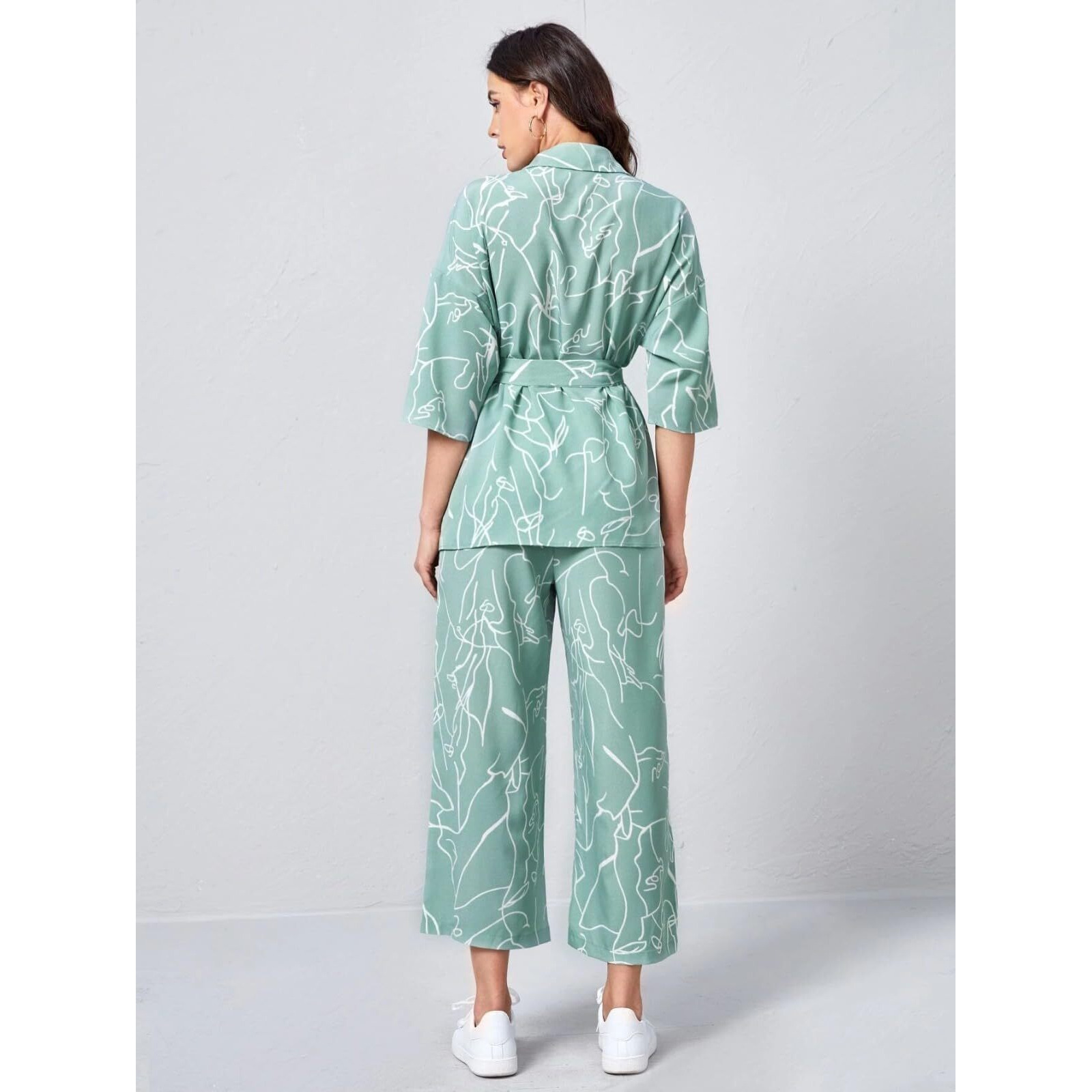 Leriya Fashion Nightdress For Women || Nightdress For Women || Rayon Collared Self Belted Allover Print Shirt Top & Wide Leg Pants Set || Comfortable Lounge Wear || Sleep Wear. (Small, Green)