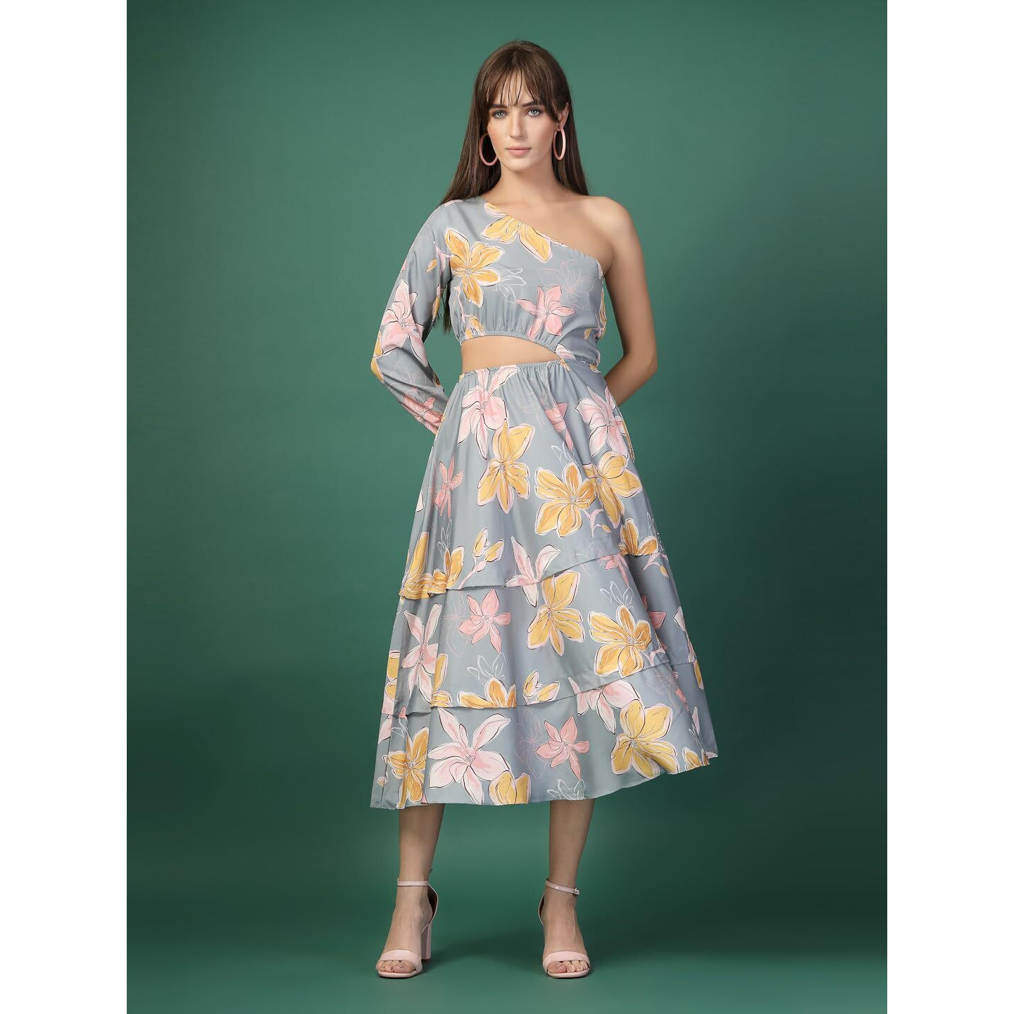 Oomph Women's Western & Fusion Wear Printed Crepe Dress For Women, One Shoulder, Grey - Md1082