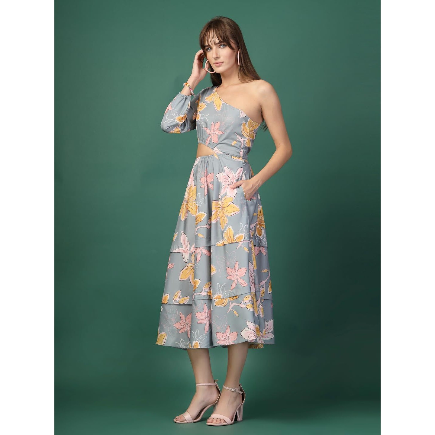 Oomph Women's Western & Fusion Wear Printed Crepe Dress For Women, One Shoulder, Grey - Md1082
