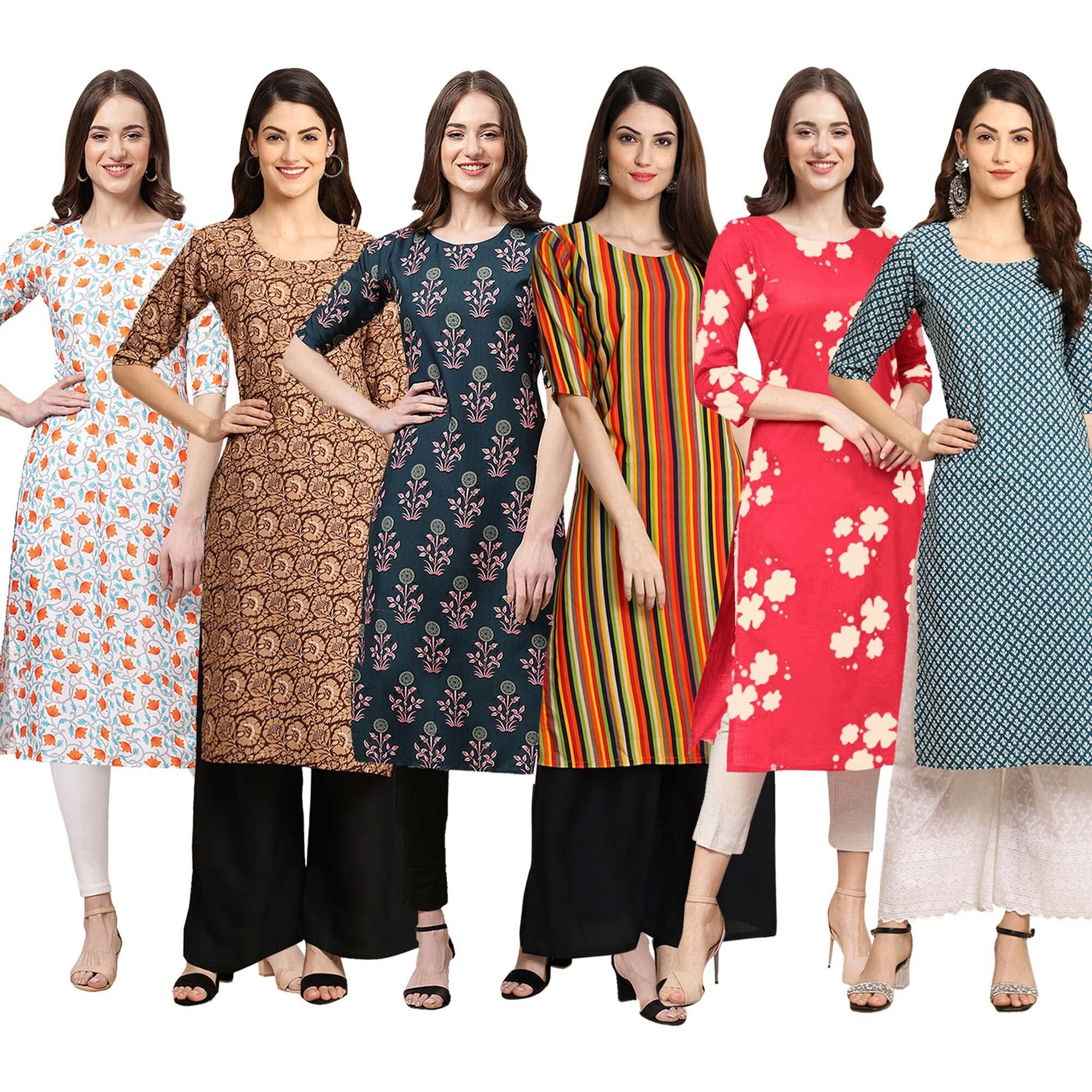 Pinkmint Women's Crepe Digital Print Straight Kurta [Pack Of 6] (Bd-334-379-335-356-380-351-Xl)