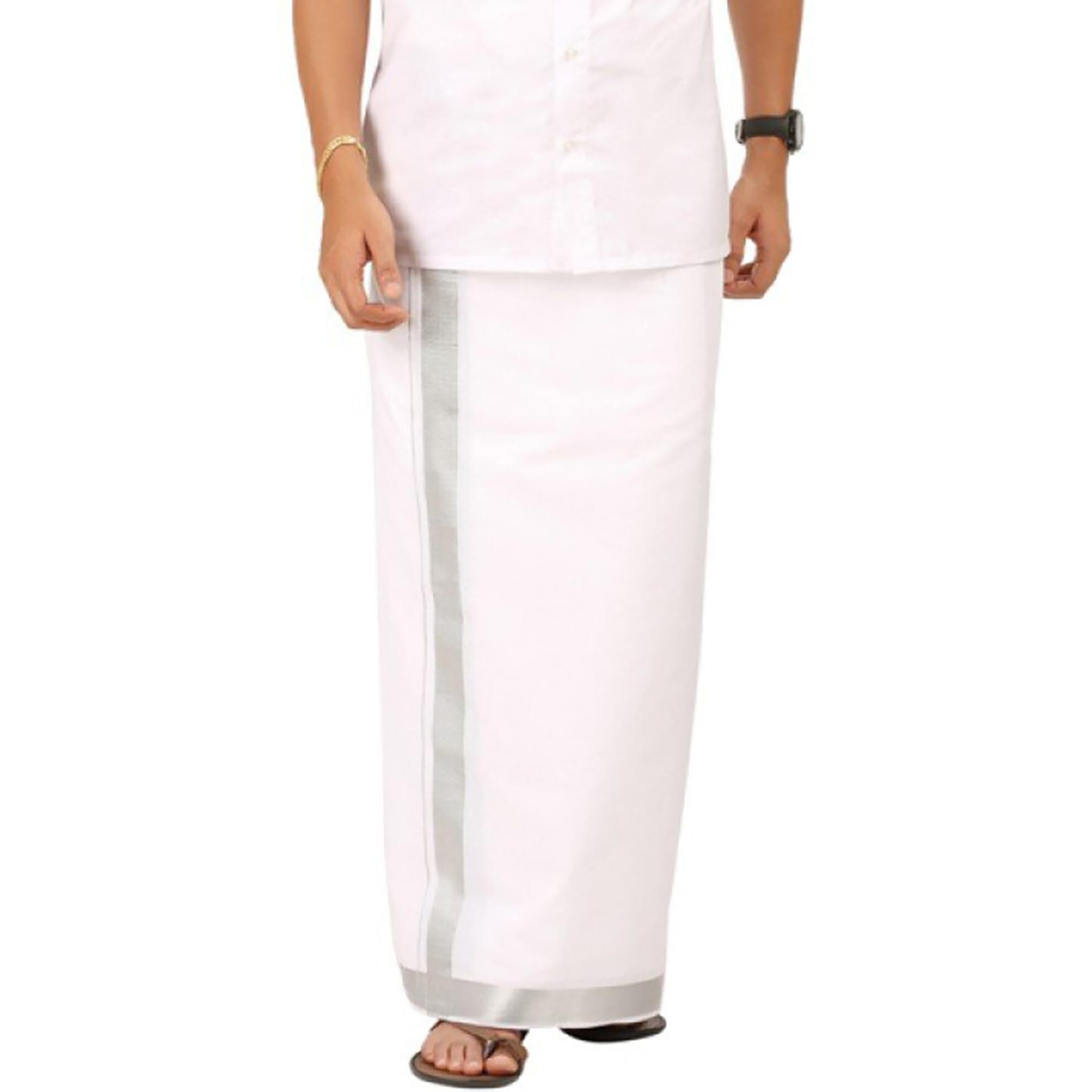 Prakasam Cotton Mens Silver Jari Border Supreme Quality Single Dhoti (1.28X2.00 Meter)