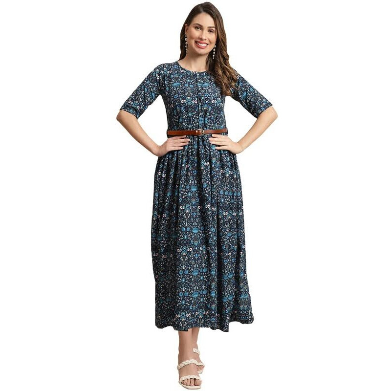 Preneum Women's Georgette Floral Printed 3/4 Slevees A-Line Fit & Flare Gown With Beltindo-Western Ethnic Gown || A-Line Maxi Dress Casual Wear || Fit & Flare Flared Hem Design, Blue, L