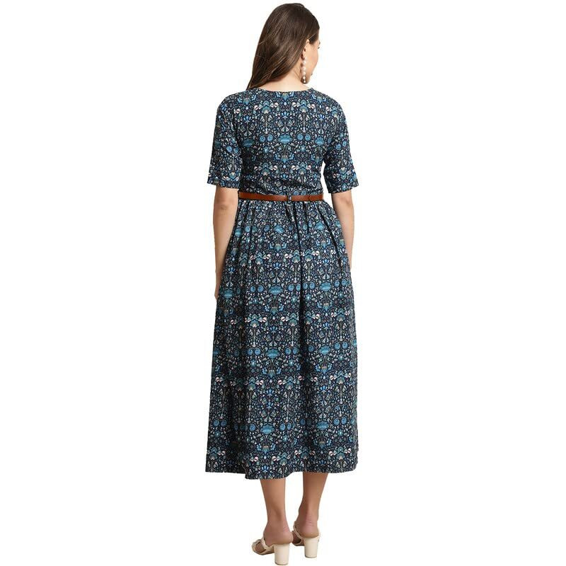 Preneum Women's Georgette Floral Printed 3/4 Slevees A-Line Fit & Flare Gown With Beltindo-Western Ethnic Gown || A-Line Maxi Dress Casual Wear || Fit & Flare Flared Hem Design, Blue, L