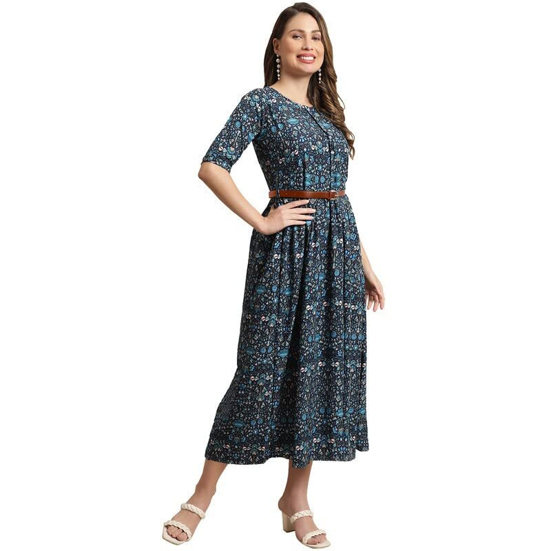 Preneum Women's Georgette Floral Printed 3/4 Slevees A-Line Fit & Flare Gown With Beltindo-Western Ethnic Gown || A-Line Maxi Dress Casual Wear || Fit & Flare Flared Hem Design, Blue, L