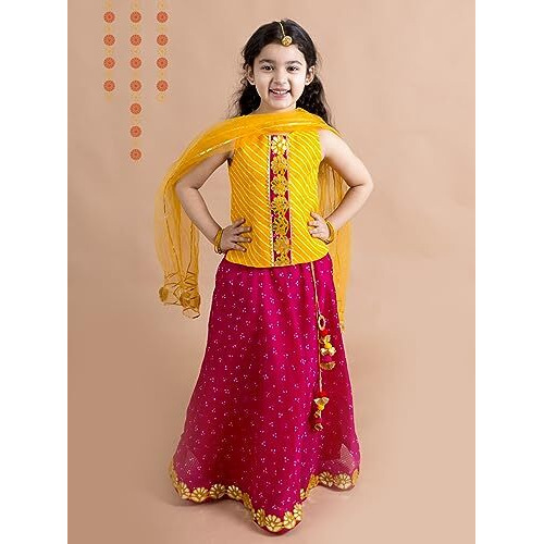 Pspeaches Girl's Magenta Yellow Embroidered Polyester Readymade Lehenga And Choli Set (Pink-6-7Y)