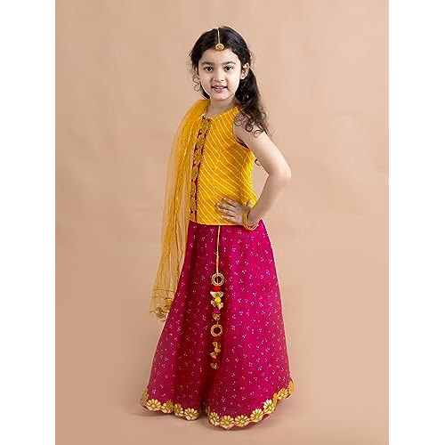 Pspeaches Girl's Magenta Yellow Embroidered Polyester Readymade Lehenga And Choli Set (Pink-6-7Y)