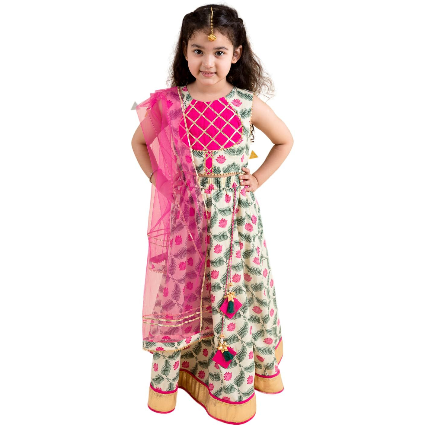 Pspeaches Girl's Cotton Lehenga Choli (L-Lotus_Off White_12-14Y)