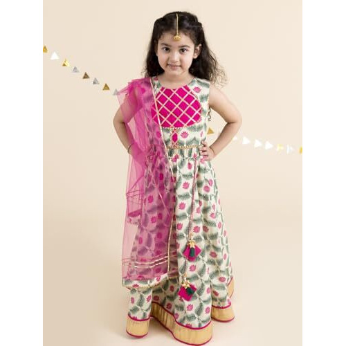 Pspeaches Girl's Cotton Lehenga Choli (L-Lotus_Off White_12-14Y)
