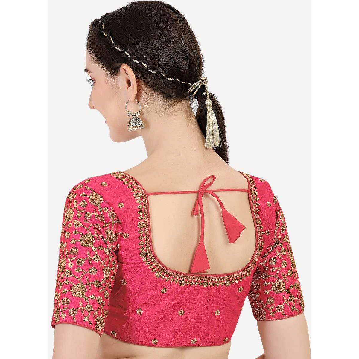 Pujia Mills Women's Phantom Silk Flowerhalf Sleeve Saree Blouse (Flowerr Blouse_Gajari_36 Size+Margin)