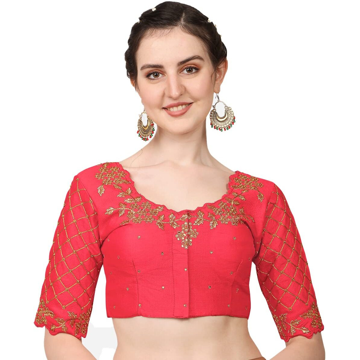 Pujia Mills Women's Embroidery Handwork, Rough Cut Work Stone Work Readymade Blouse (38, Gajari)