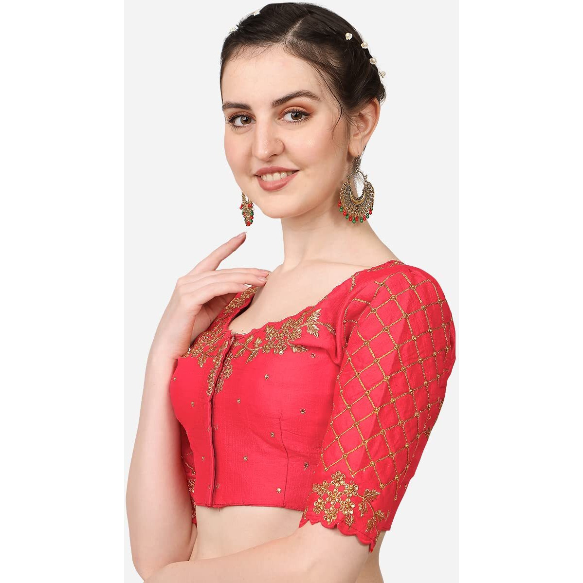 Pujia Mills Women's Embroidery Handwork, Rough Cut Work Stone Work Readymade Blouse (38, Gajari)