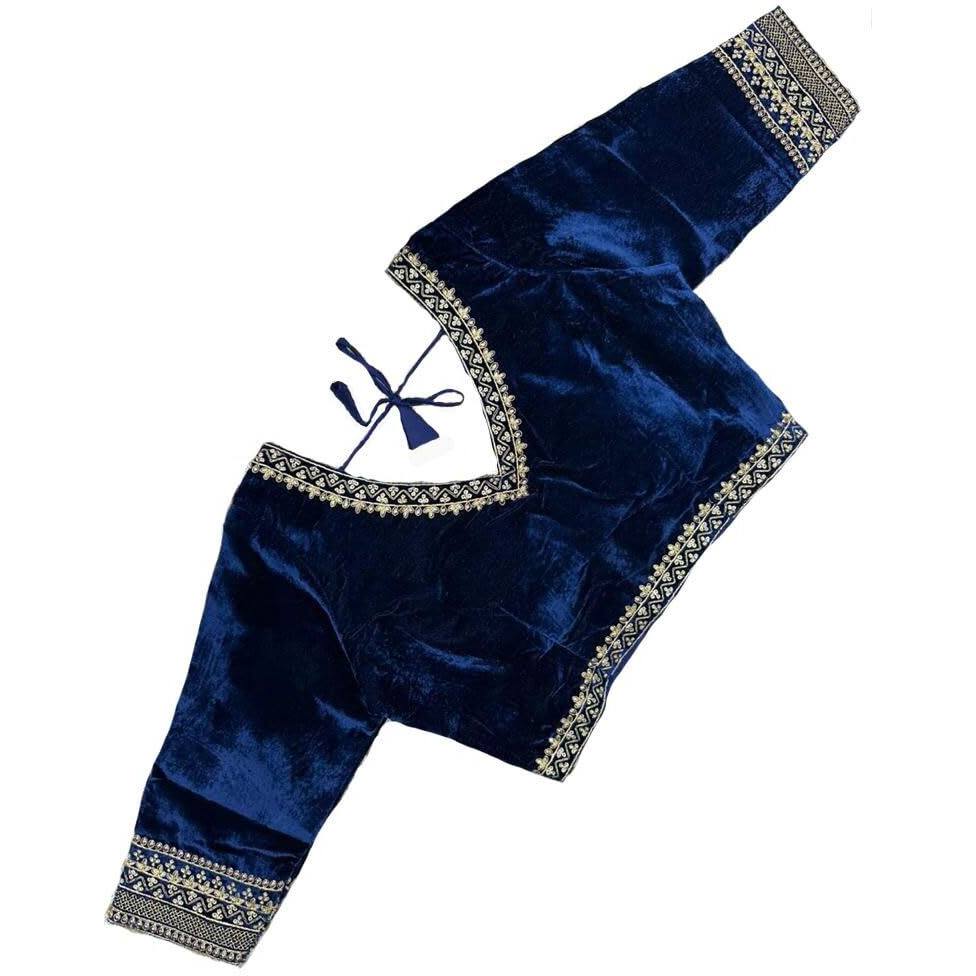 Pujia Mills Women's Solid Half Sleeve Regular Saree Blouse (Velvet 501 Navy Blue 34