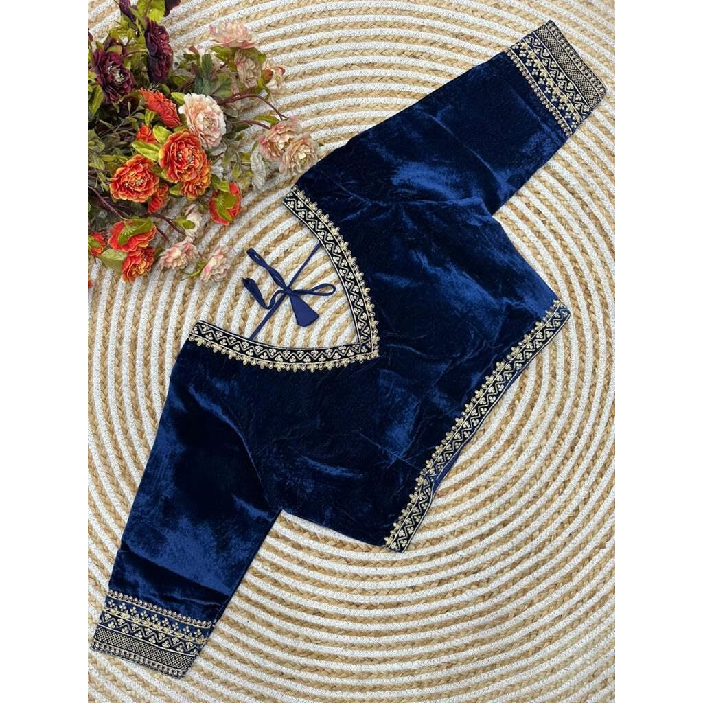Pujia Mills Women's Solid Half Sleeve Regular Saree Blouse (Velvet 501 Navy Blue 34