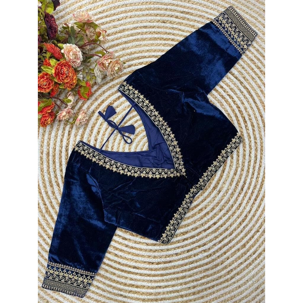 Pujia Mills Women's Solid Half Sleeve Regular Saree Blouse (Velvet 501 Navy Blue 34