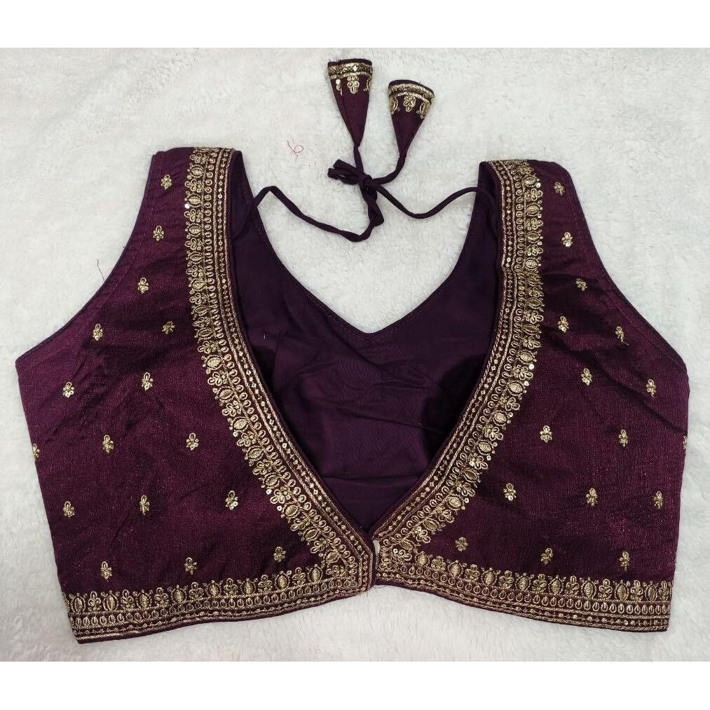 Pujia Mills Women's Indian Ethnic Wear Designer Golden Zari Embroidery With Sequence Work V Neck Sleeveless Readymade Worked Saree Blouse Readymade Wine Color Blouse For Lehenga Choli