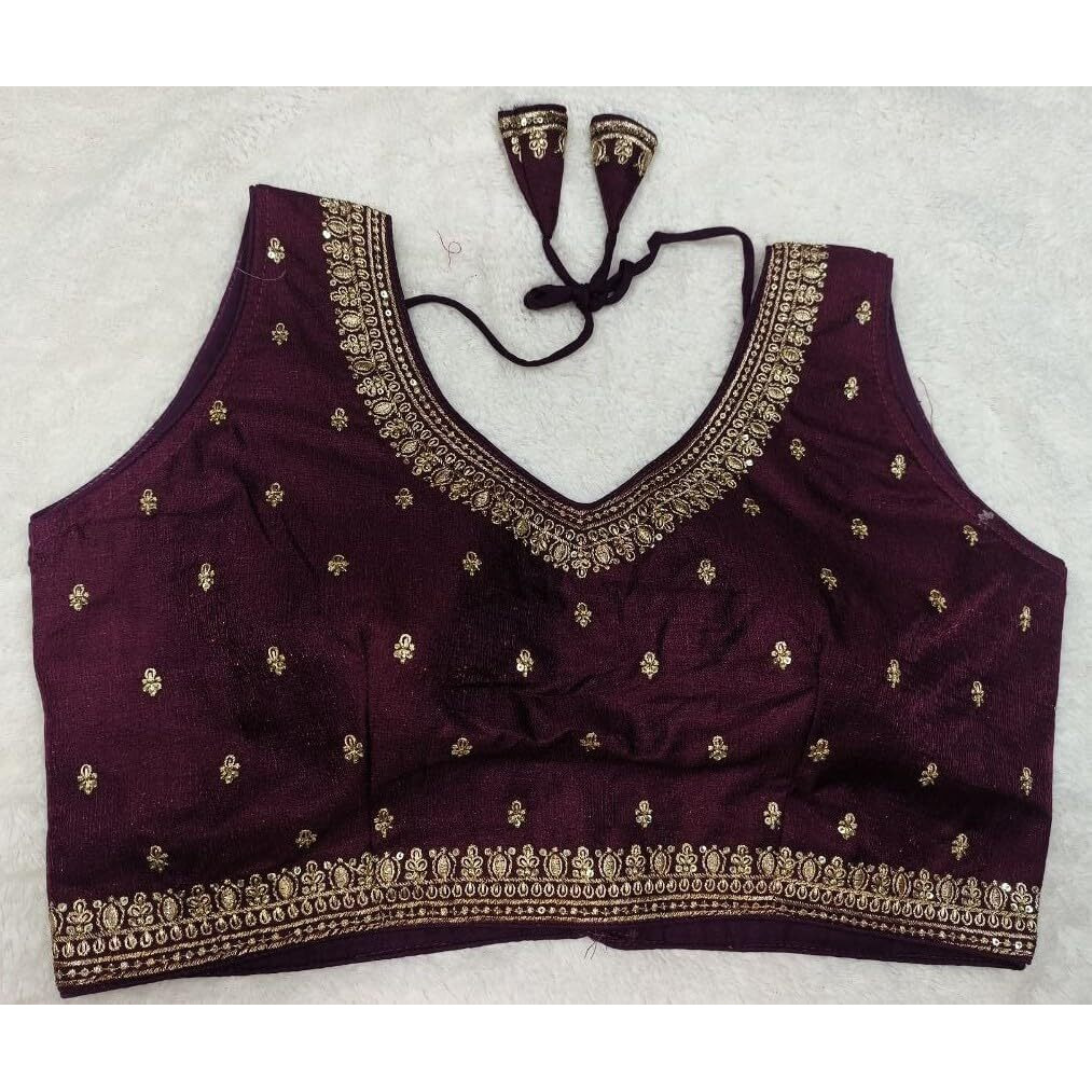 Pujia Mills Women's Indian Ethnic Wear Designer Golden Zari Embroidery With Sequence Work V Neck Sleeveless Readymade Worked Saree Blouse Readymade Wine Color Blouse For Lehenga Choli