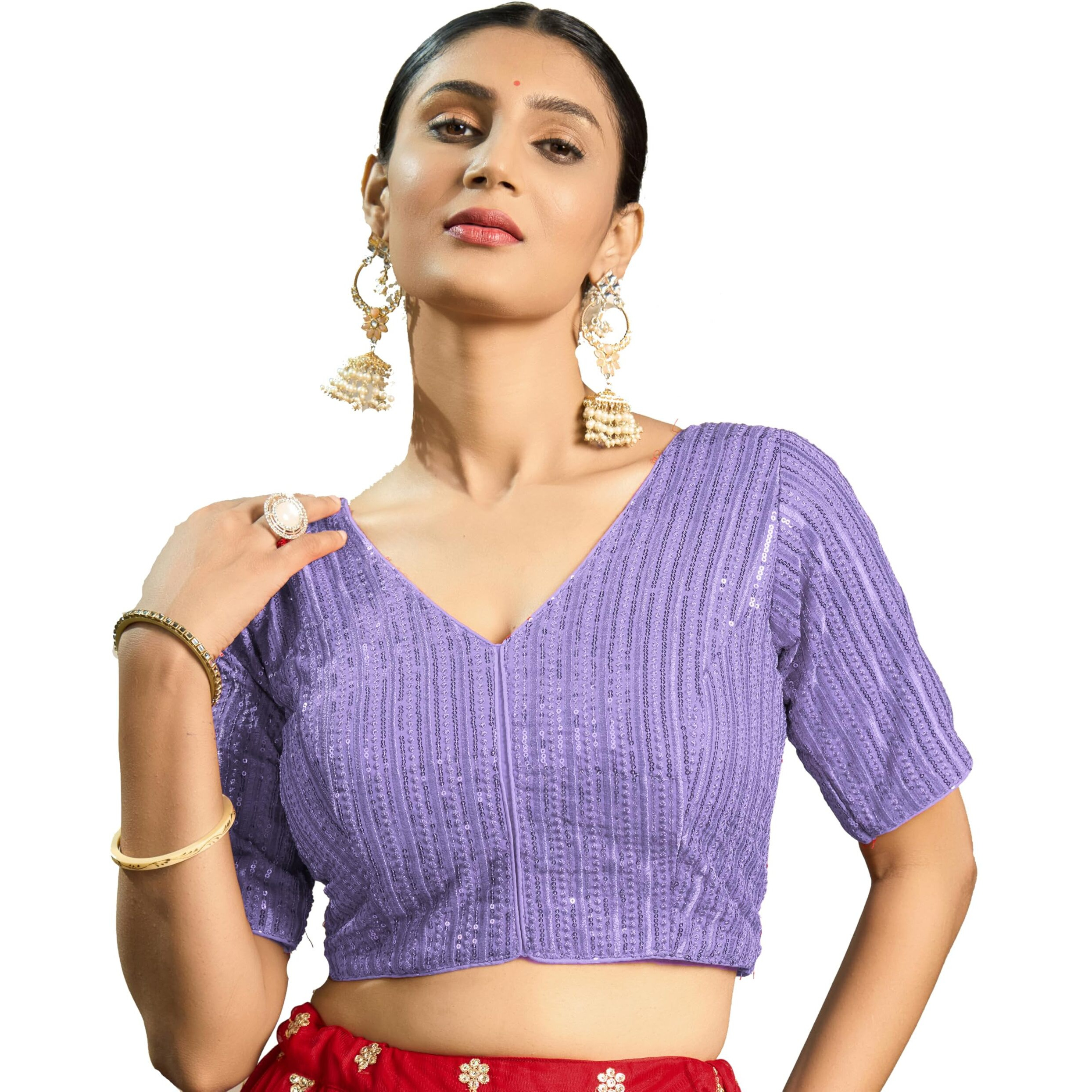 Pujia Mills Women's Indian Ethnic Wear Designer Silver Sequence With Matching Embroidered Work V Neck Half Sleeve Readymade Padded Saree Blouse Readymade Unique Levender Color Saree Blouse