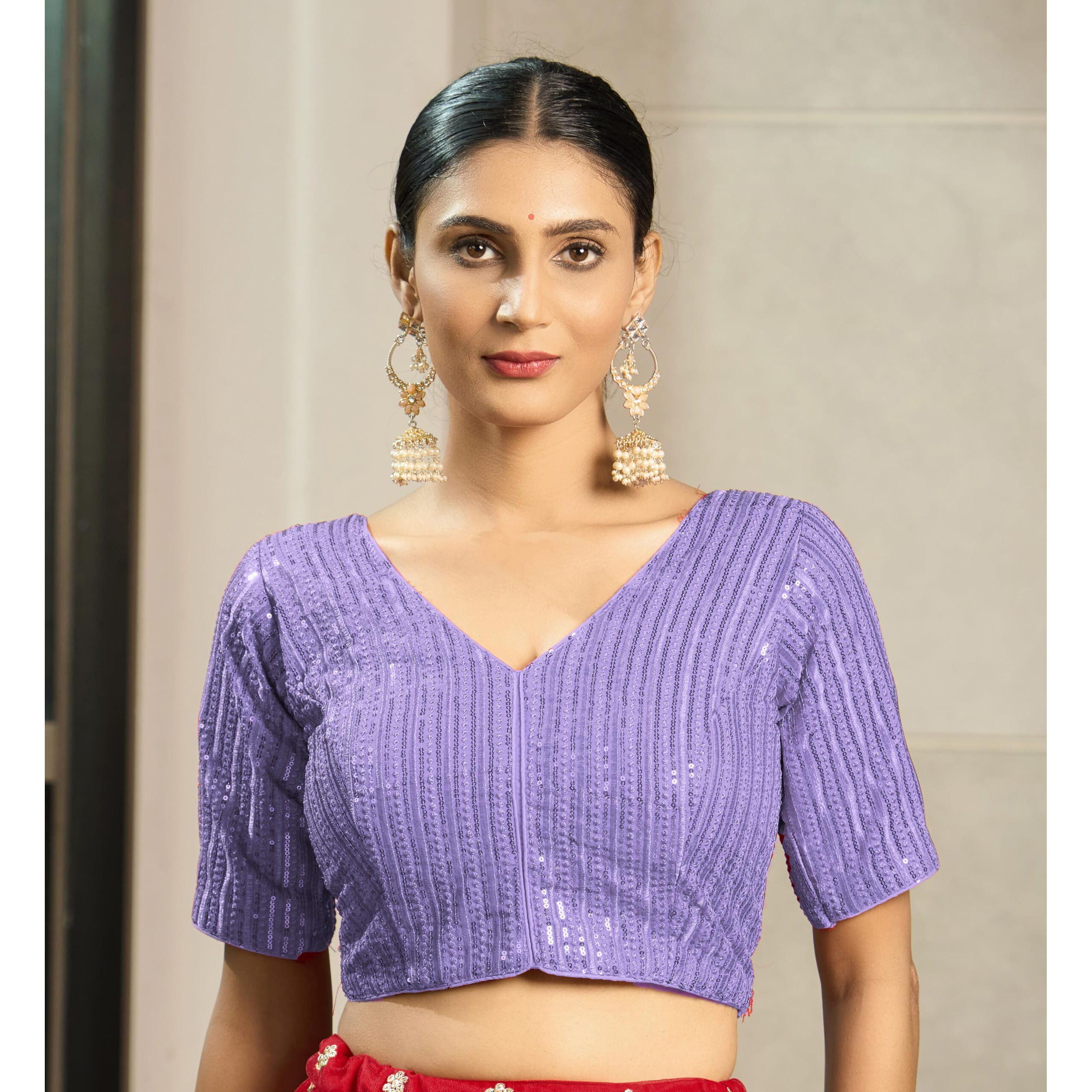 Pujia Mills Women's Indian Ethnic Wear Designer Silver Sequence With Matching Embroidered Work V Neck Half Sleeve Readymade Padded Saree Blouse Readymade Unique Levender Color Saree Blouse