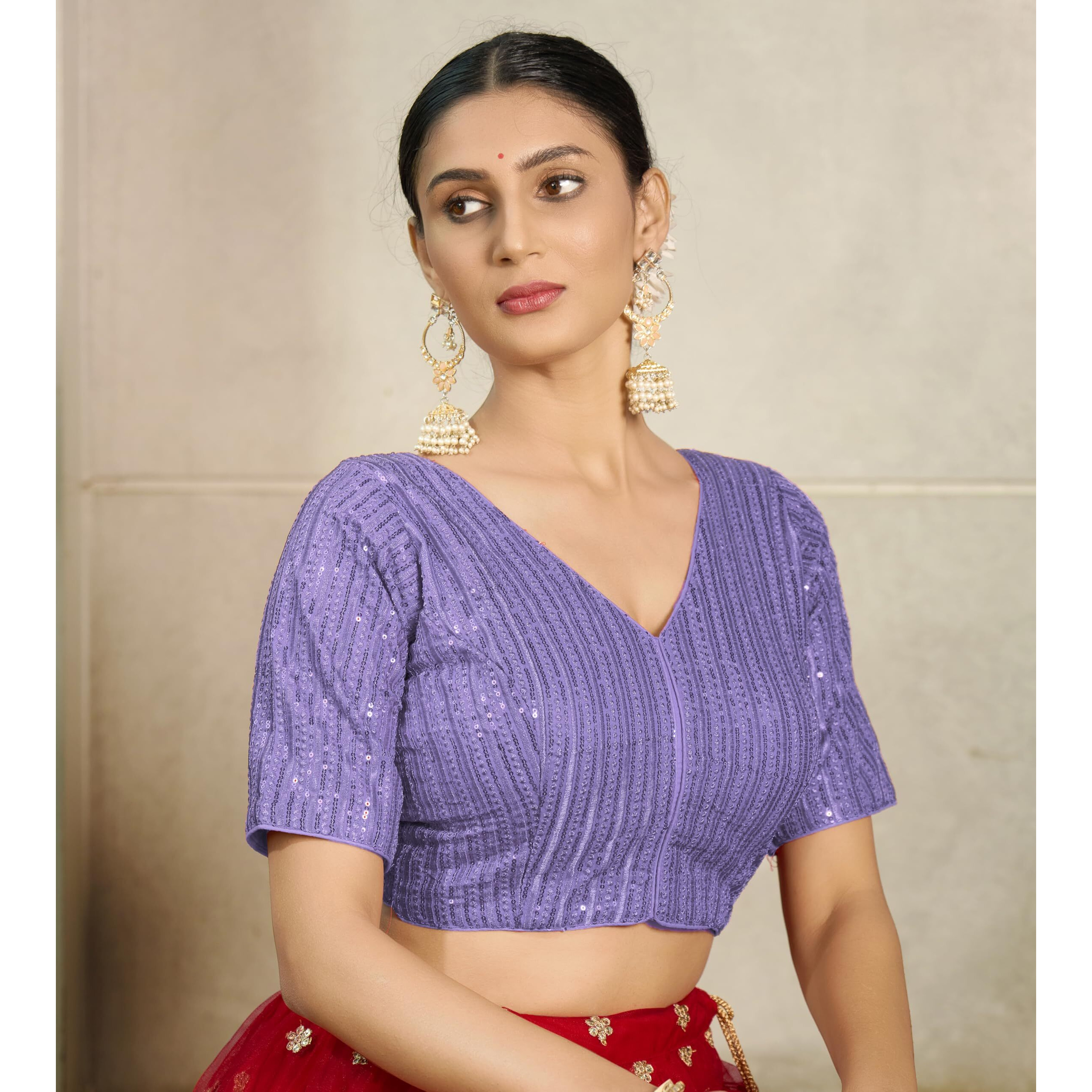 Pujia Mills Women's Indian Ethnic Wear Designer Silver Sequence With Matching Embroidered Work V Neck Half Sleeve Readymade Padded Saree Blouse Readymade Unique Levender Color Saree Blouse