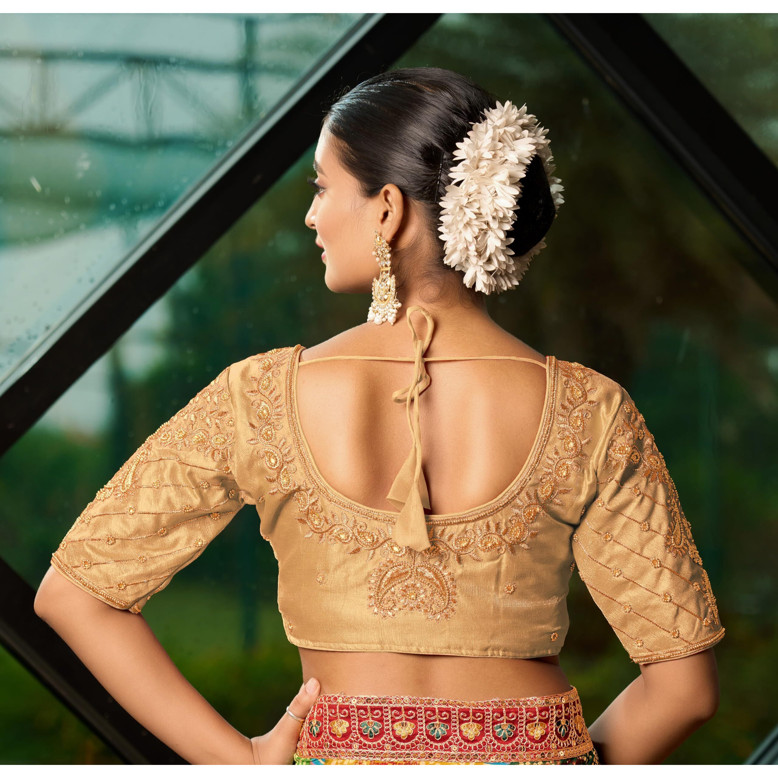 Pujia Mills Women's Readymade Blouse Embroidery Multi Coding Maggam Work Sequence Work Indian Ethnic Designer Stitched Readymade Saree Half Sleeve Gold Blouse For Women For Saree Lehenga Choli