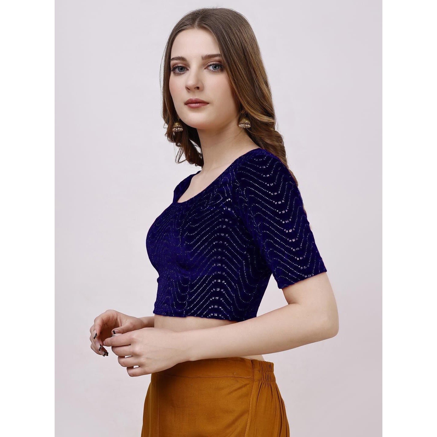 Pujia Mills Women's Readymade Hosiery Velvet Lycra Stretchable Round Neck Half Sleeve Blouse With Jari Work Fancy Navy Blue Color Lycra Stretchable Blouse For Women Readymade Saree Blouse
