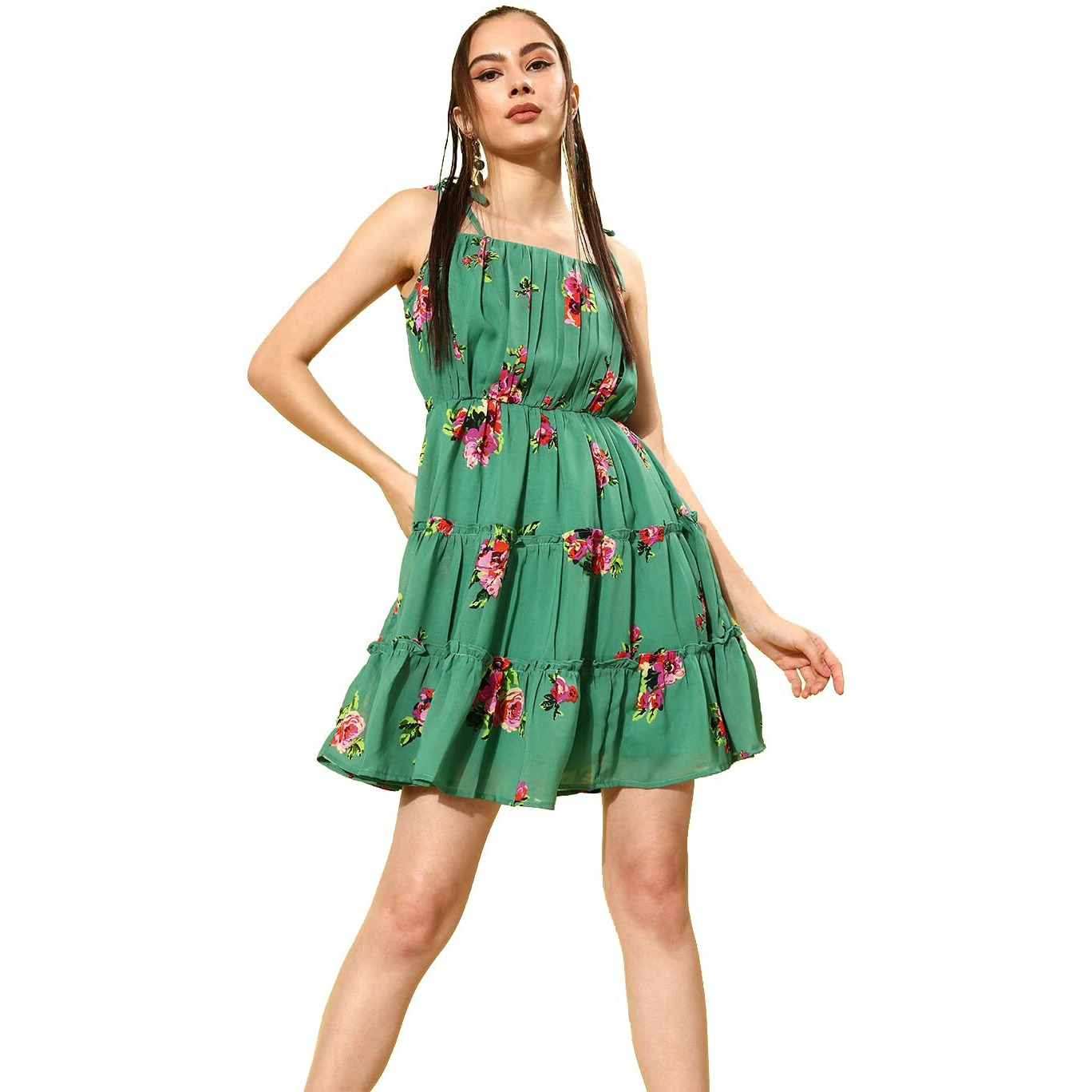 Rare Women Casual Green Colour Above Knee Floral Dress